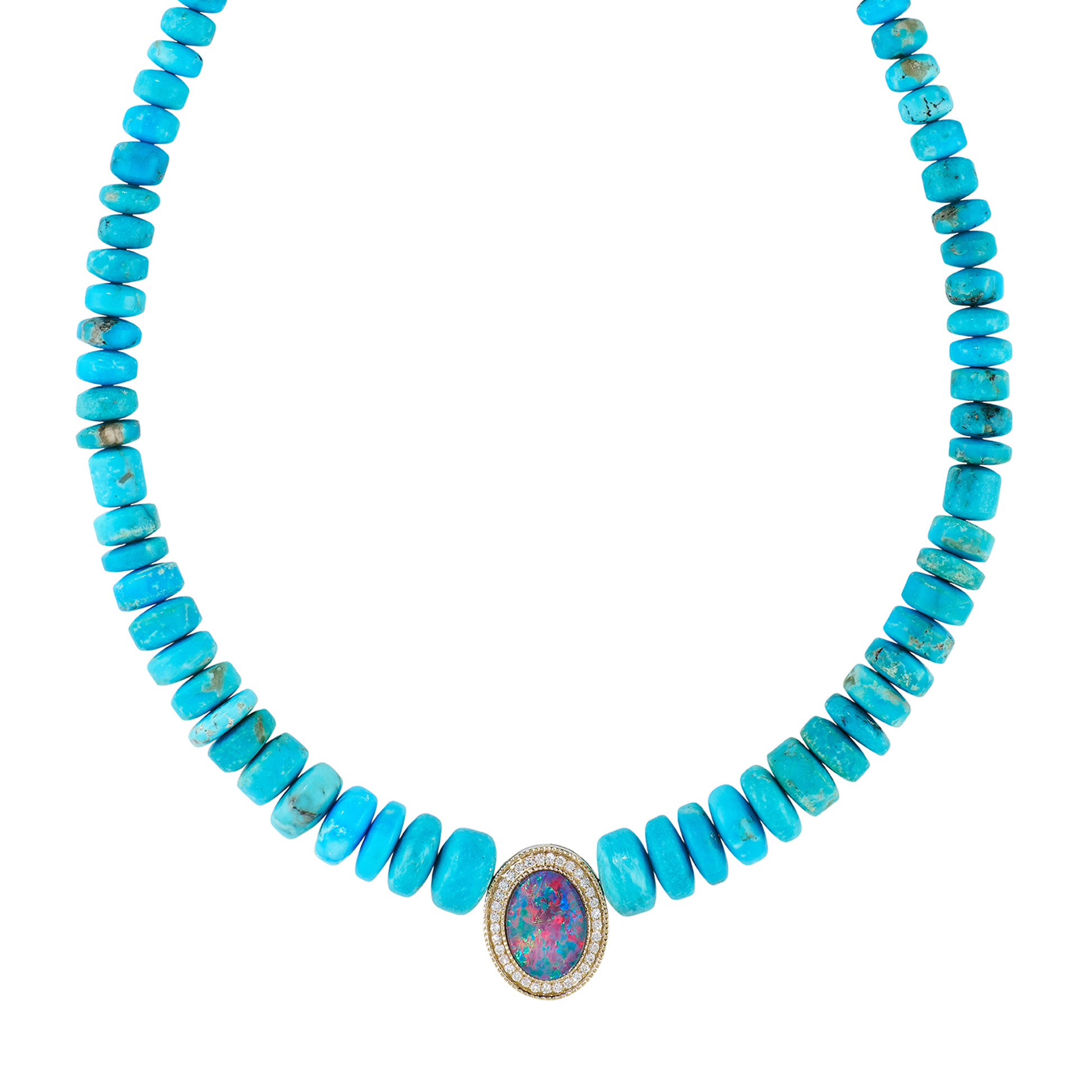 Pavé Opal Oval Center On Graduated Turquoise Beaded Necklace