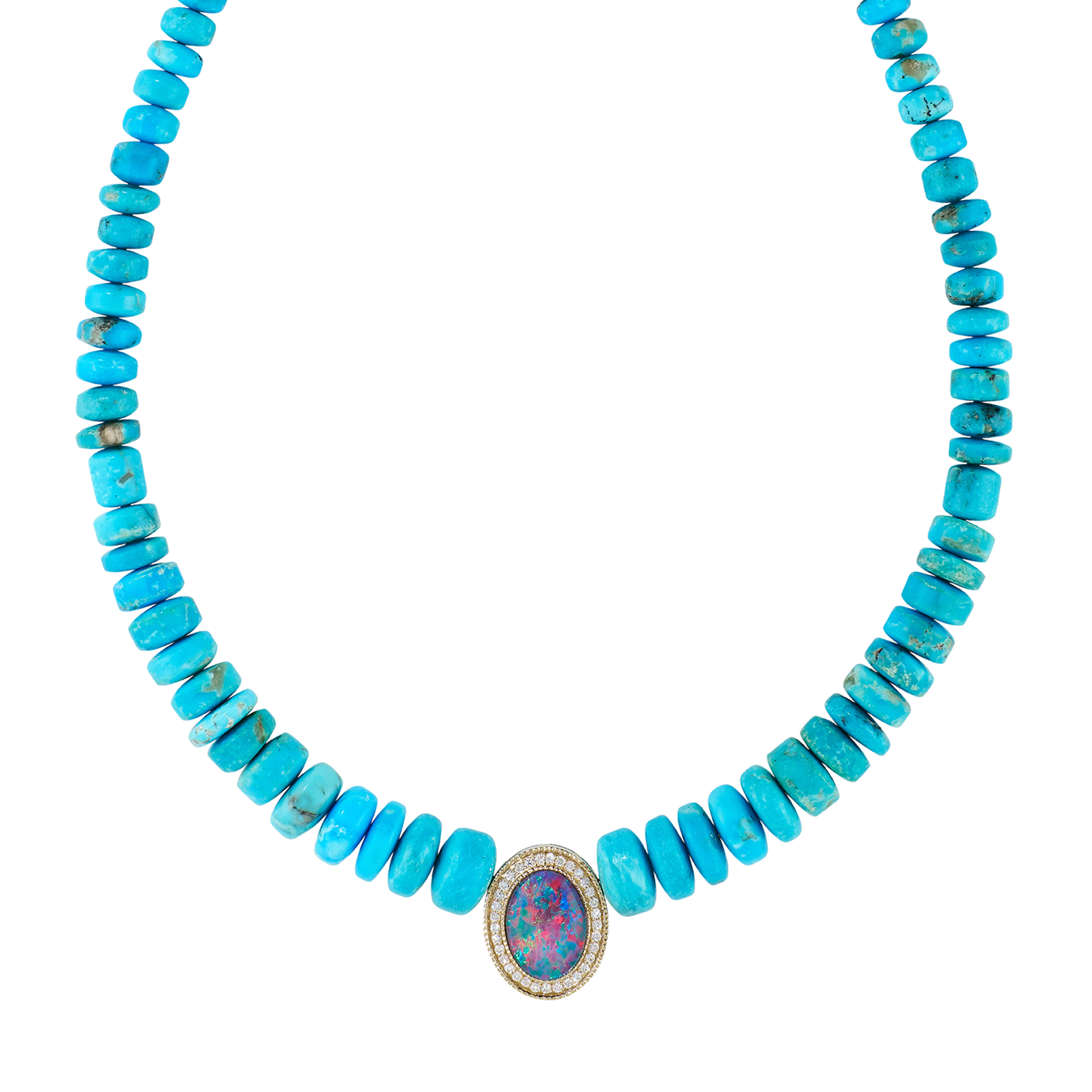 Pavé Opal Oval Center On Graduated Turquoise Beaded Necklace