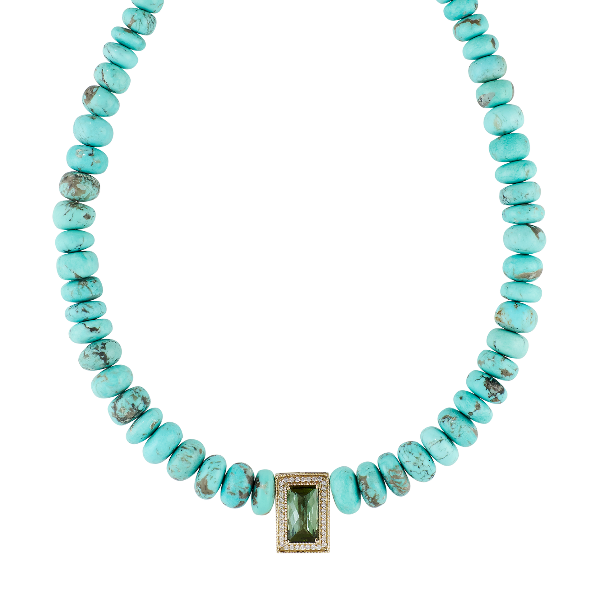 Pavé Green Tourmaline Rectangle Center On Graduated Turquoise Beaded Necklace