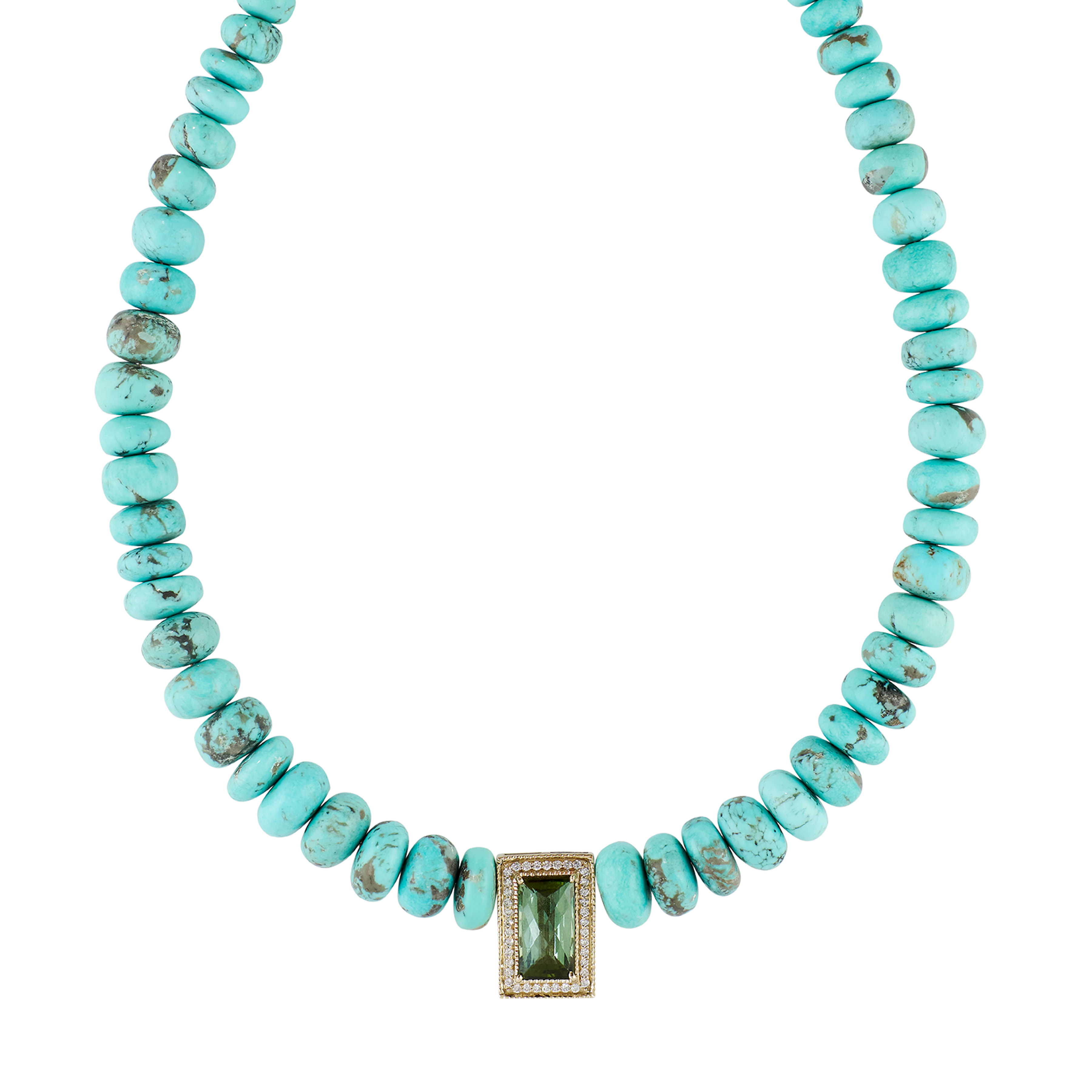 Pavé Green Tourmaline Rectangle Center On Graduated Turquoise Beaded Necklace