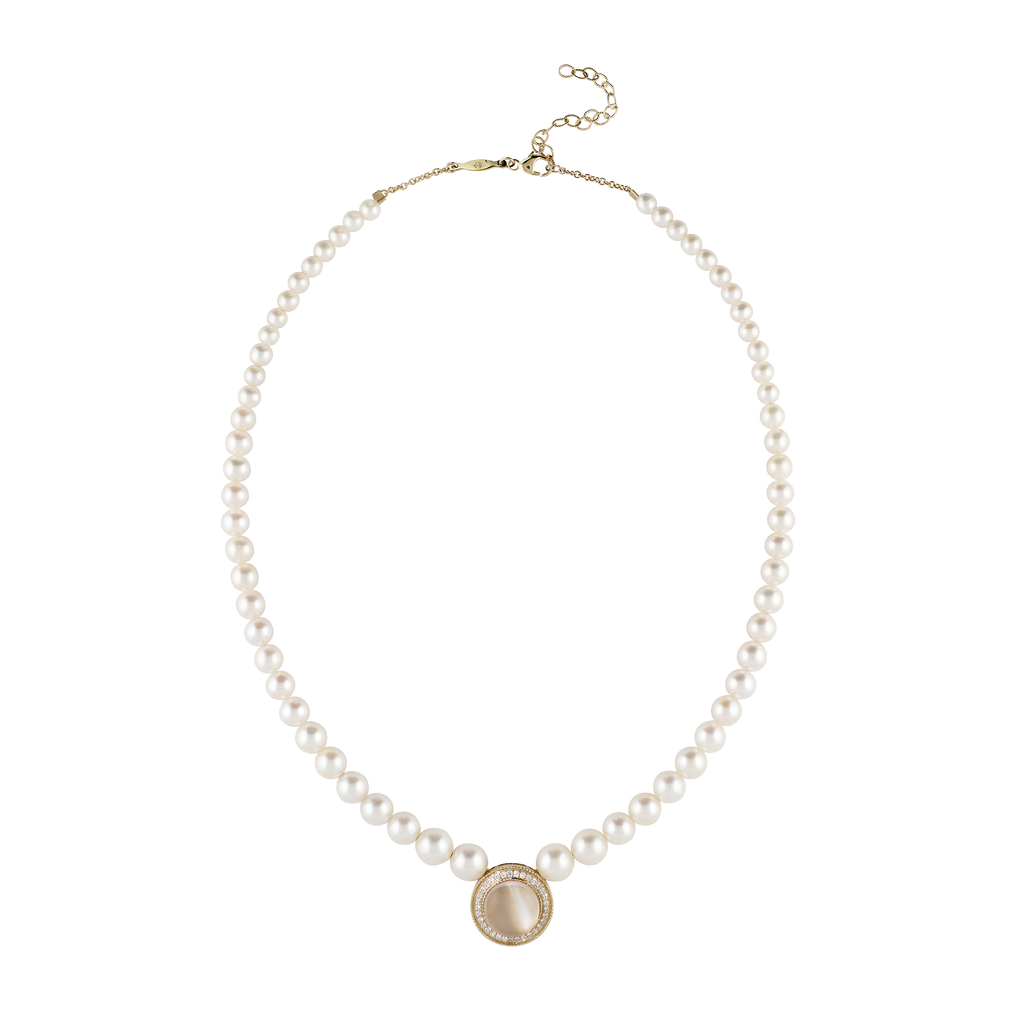 Pavé Grey Moonstone Round Center Graduated Pearl Beaded Necklace