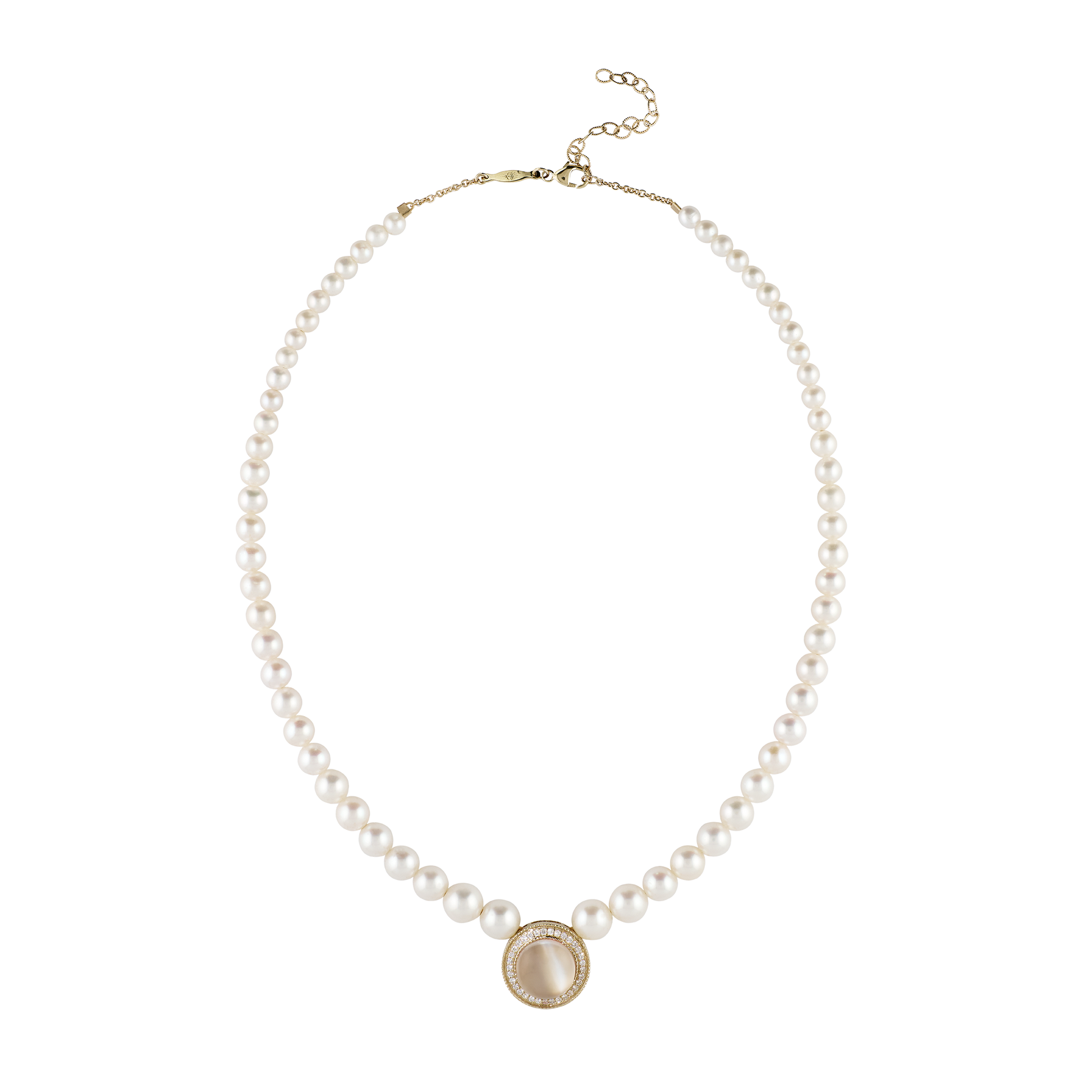 Pavé Grey Moonstone Round Center Graduated Pearl Beaded Necklace