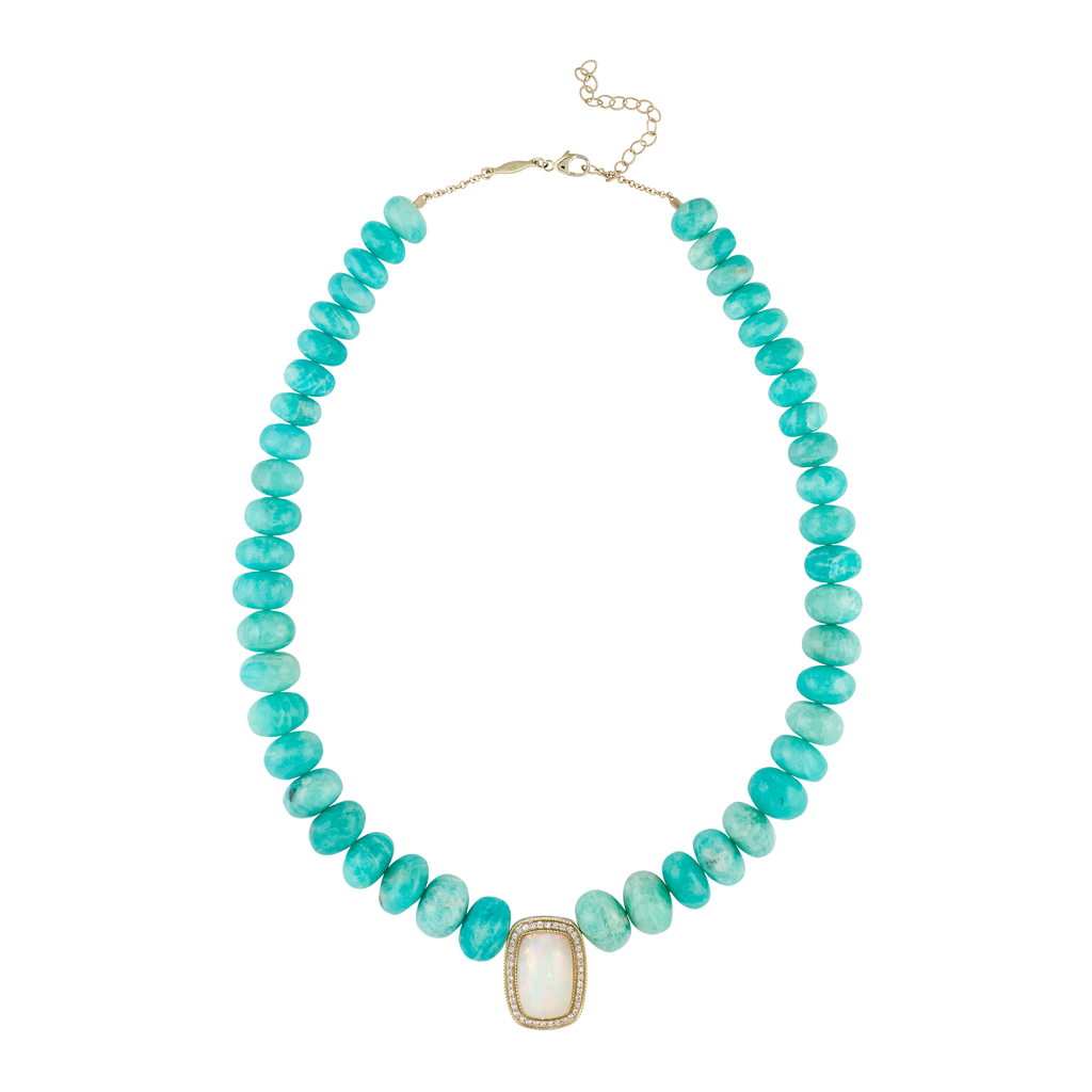 Pavé Opal Rectangle Center On Graduated Amazonite Beaded Necklace