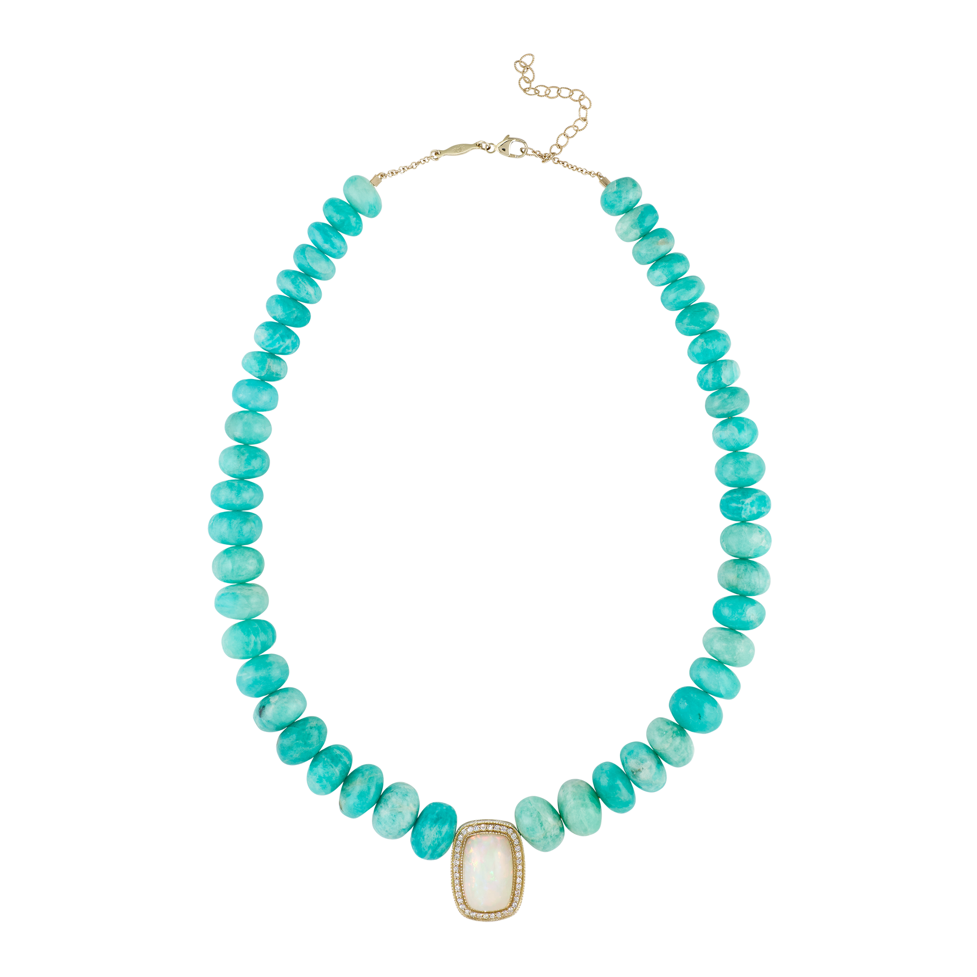 Pavé Opal Rectangle Center On Graduated Amazonite Beaded Necklace