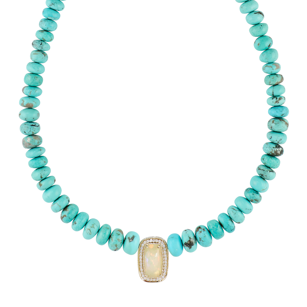 Pavé Opal Rectangle Center On Graduated Turquoise Beaded Necklace