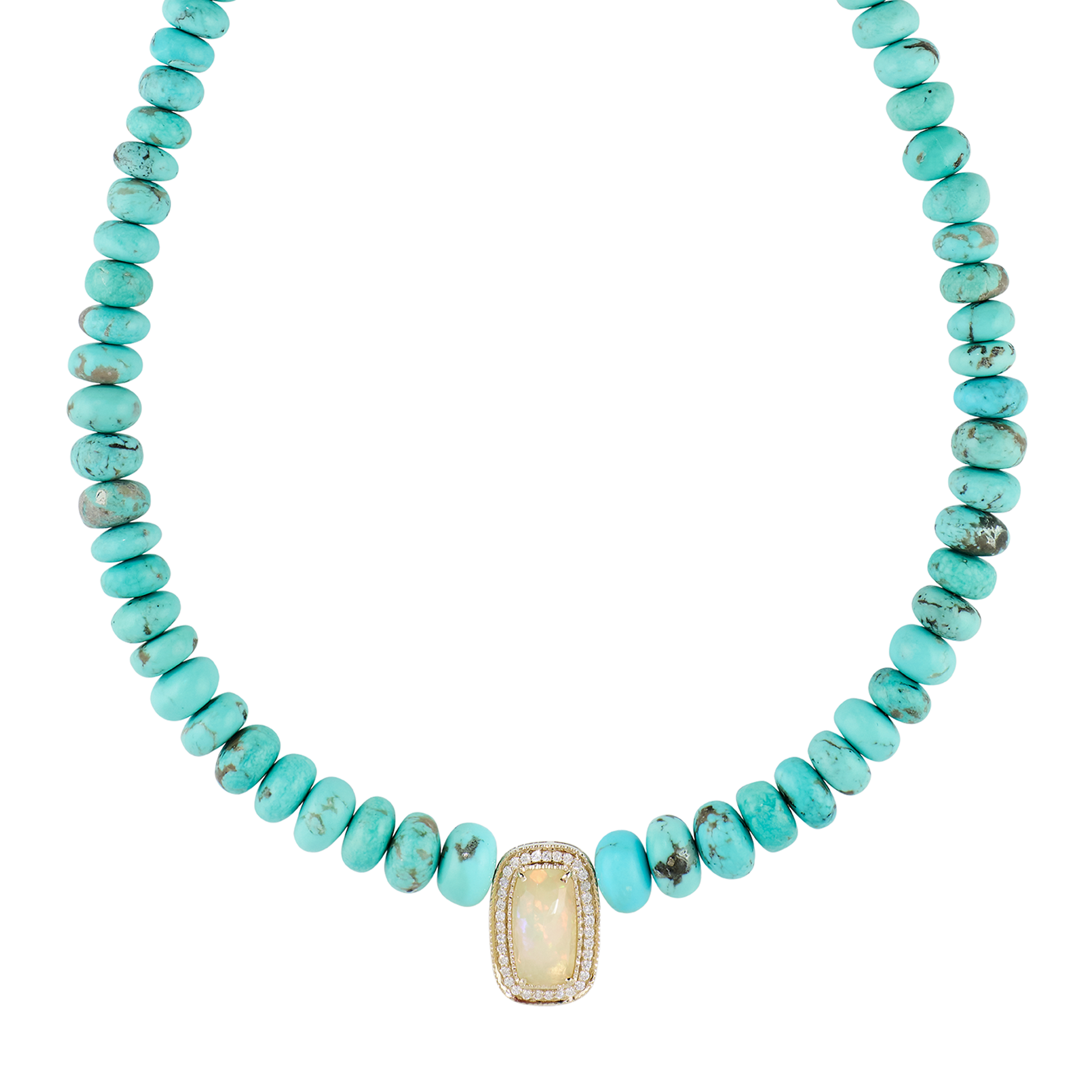 Pavé Opal Rectangle Center On Graduated Turquoise Beaded Necklace