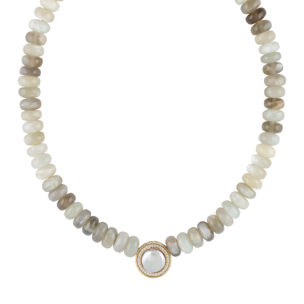 Pavé Pearl Round Center Grey Moonstone Beaded Necklace