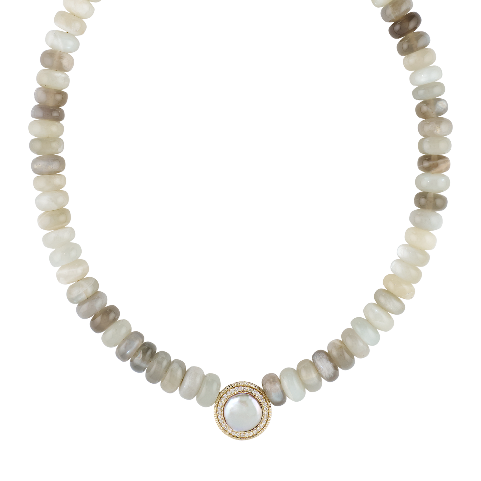 Pavé Pearl Round Center Grey Moonstone Beaded Necklace