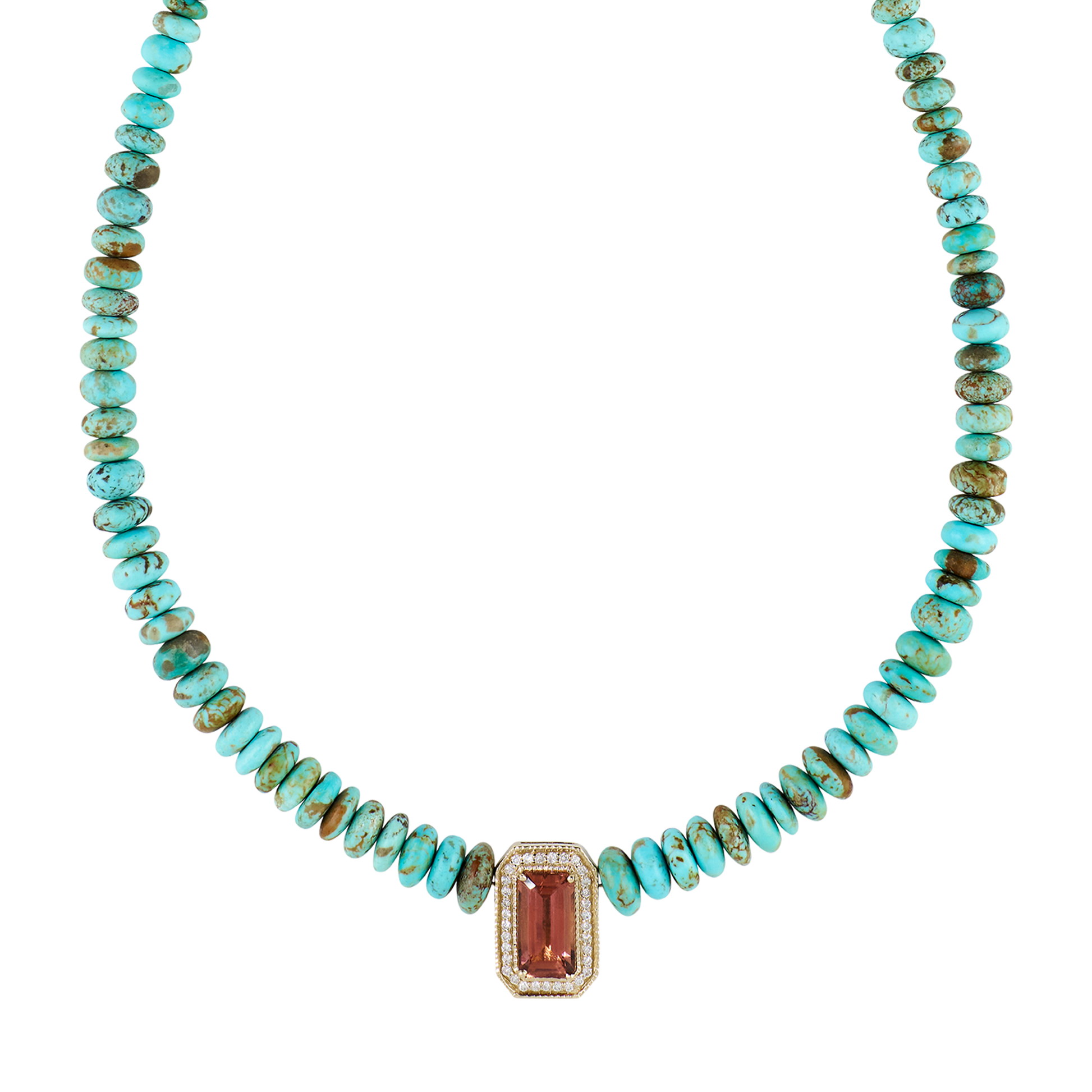 Pavé Pink Tourmaline Baguette Graduated Turquoise Beaded Necklace