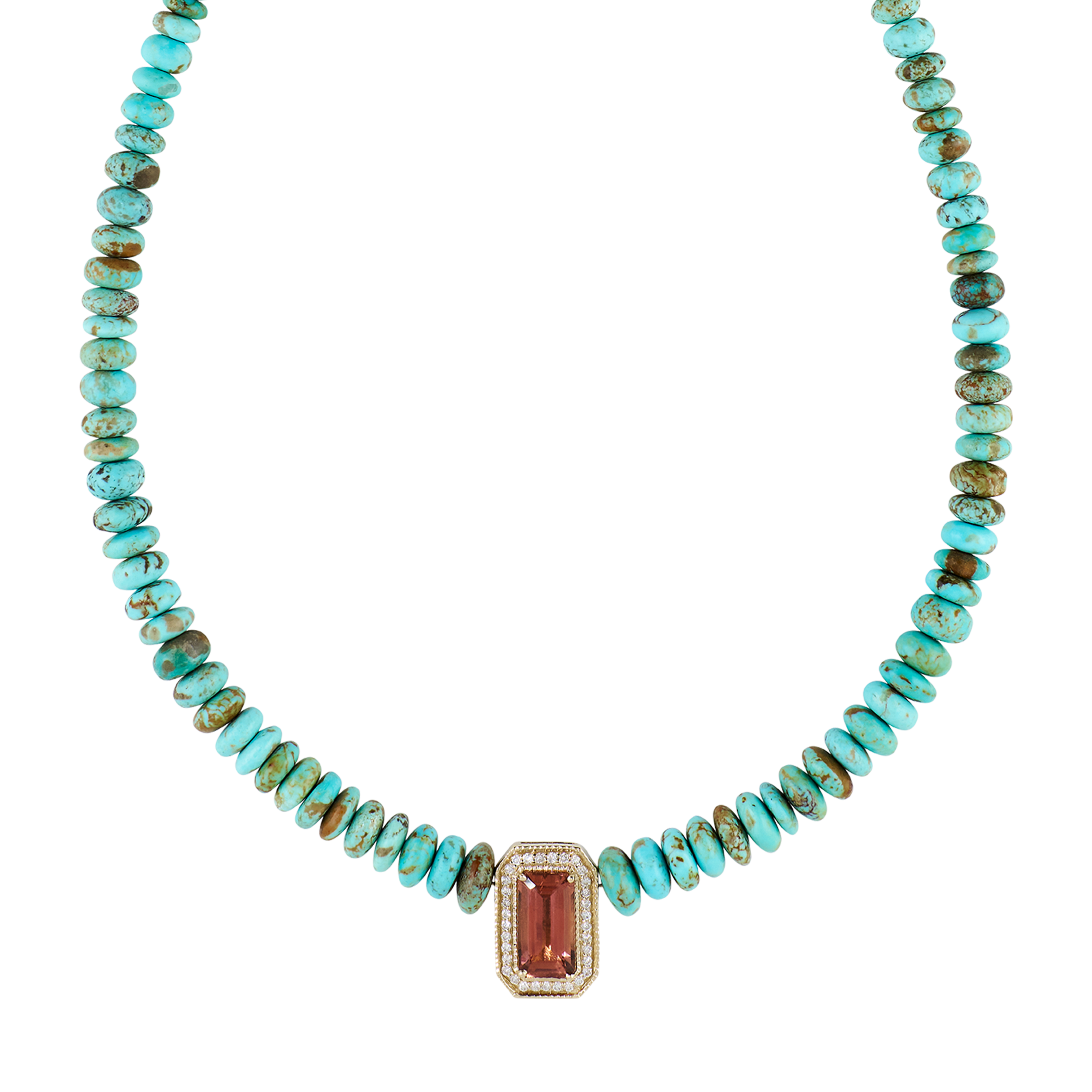 Pavé Pink Tourmaline Baguette Graduated Turquoise Beaded Necklace