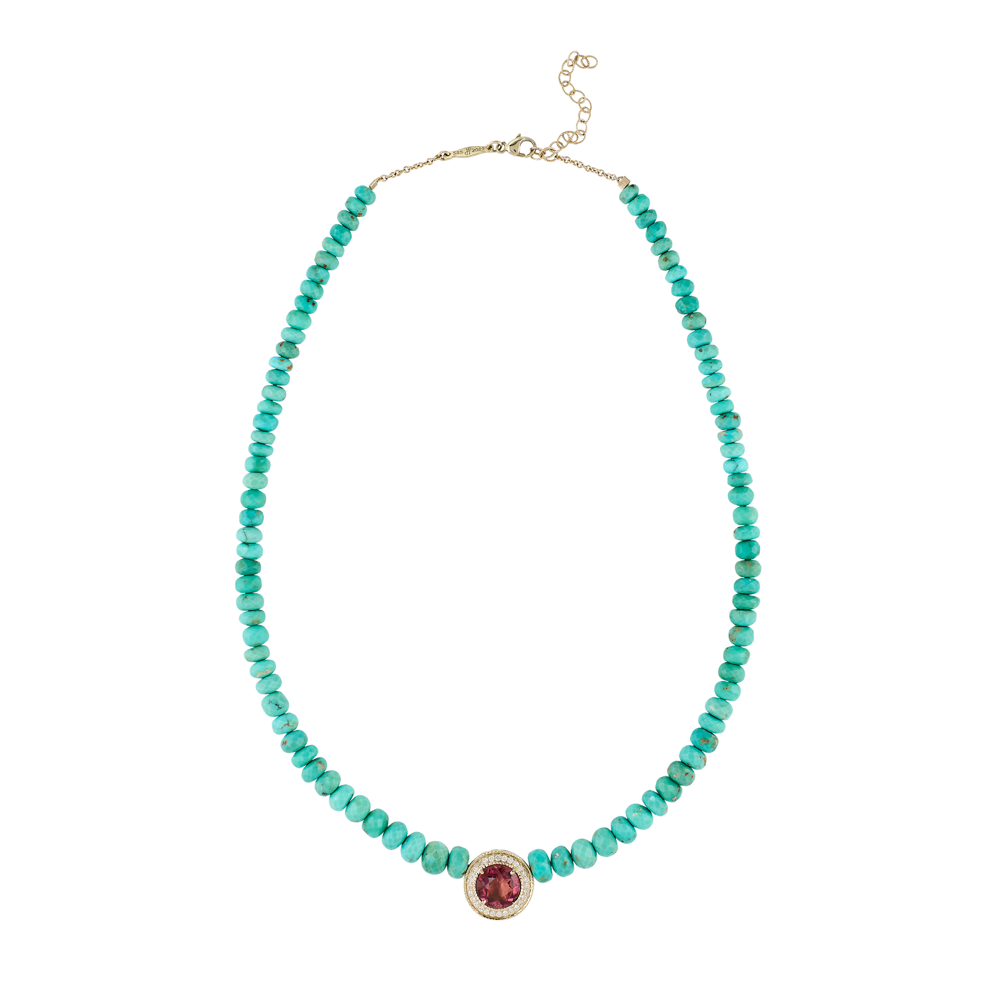 Pavé Pink Tourmaline Round Graduated Small Turquoise Beaded Necklace