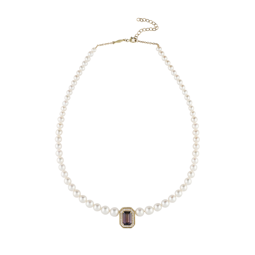 Pavé Purple Tourmaline Baguette Graduated Pearl Beaded Necklace