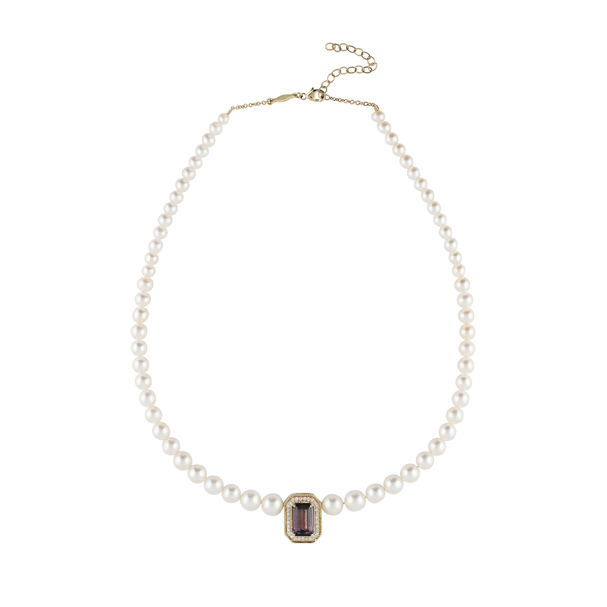Pavé Purple Tourmaline Baguette Graduated Pearl Beaded Necklace