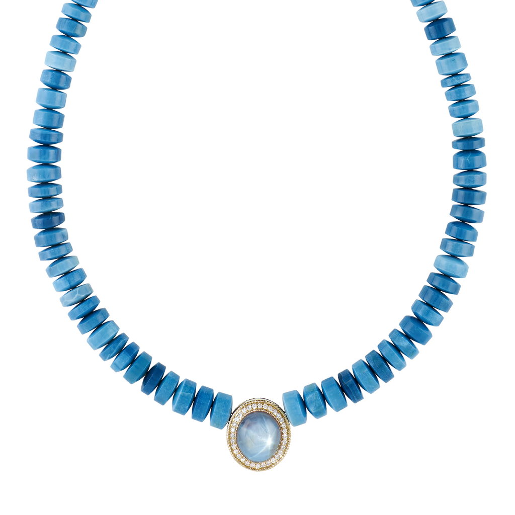 Pavé Star Sapphire Oval Center Graduated Blue Opal Beaded Necklace