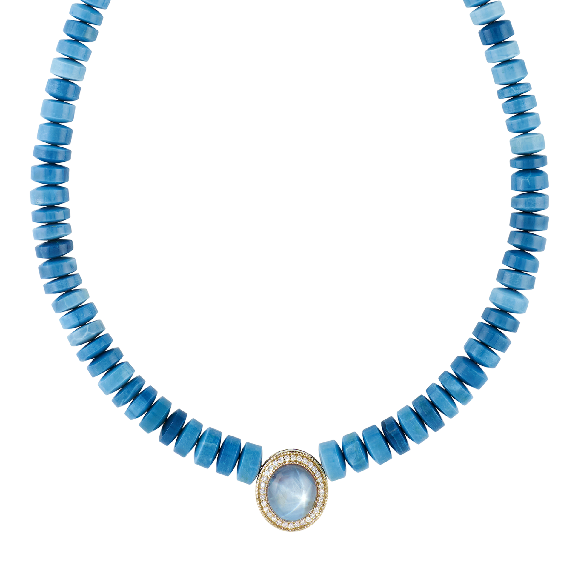 Pavé Star Sapphire Oval Center Graduated Blue Opal Beaded Necklace