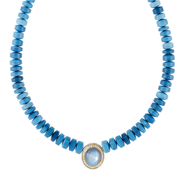 Pavé Star Sapphire Oval Center Graduated Blue Opal Beaded Necklace