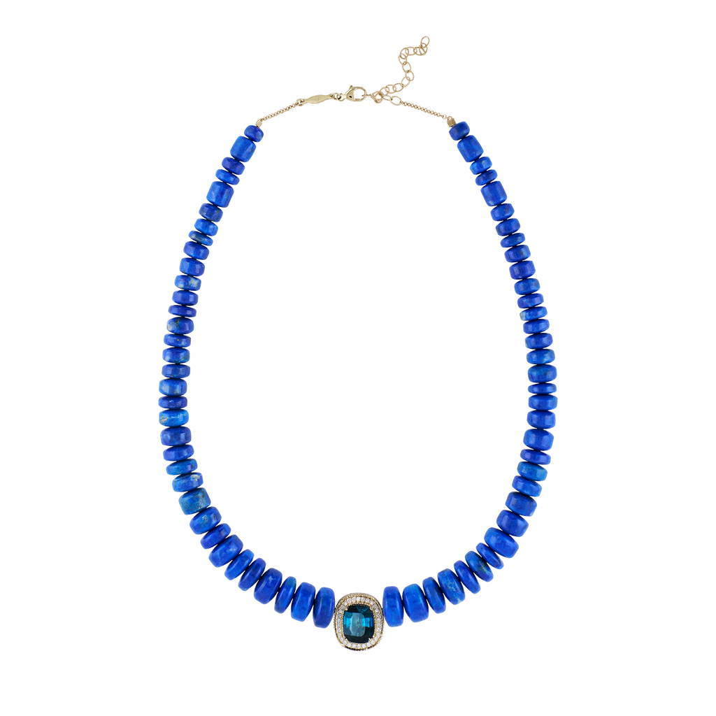 Pavé Teal Tourmaline Oval Graduated Lapis Beaded Necklace