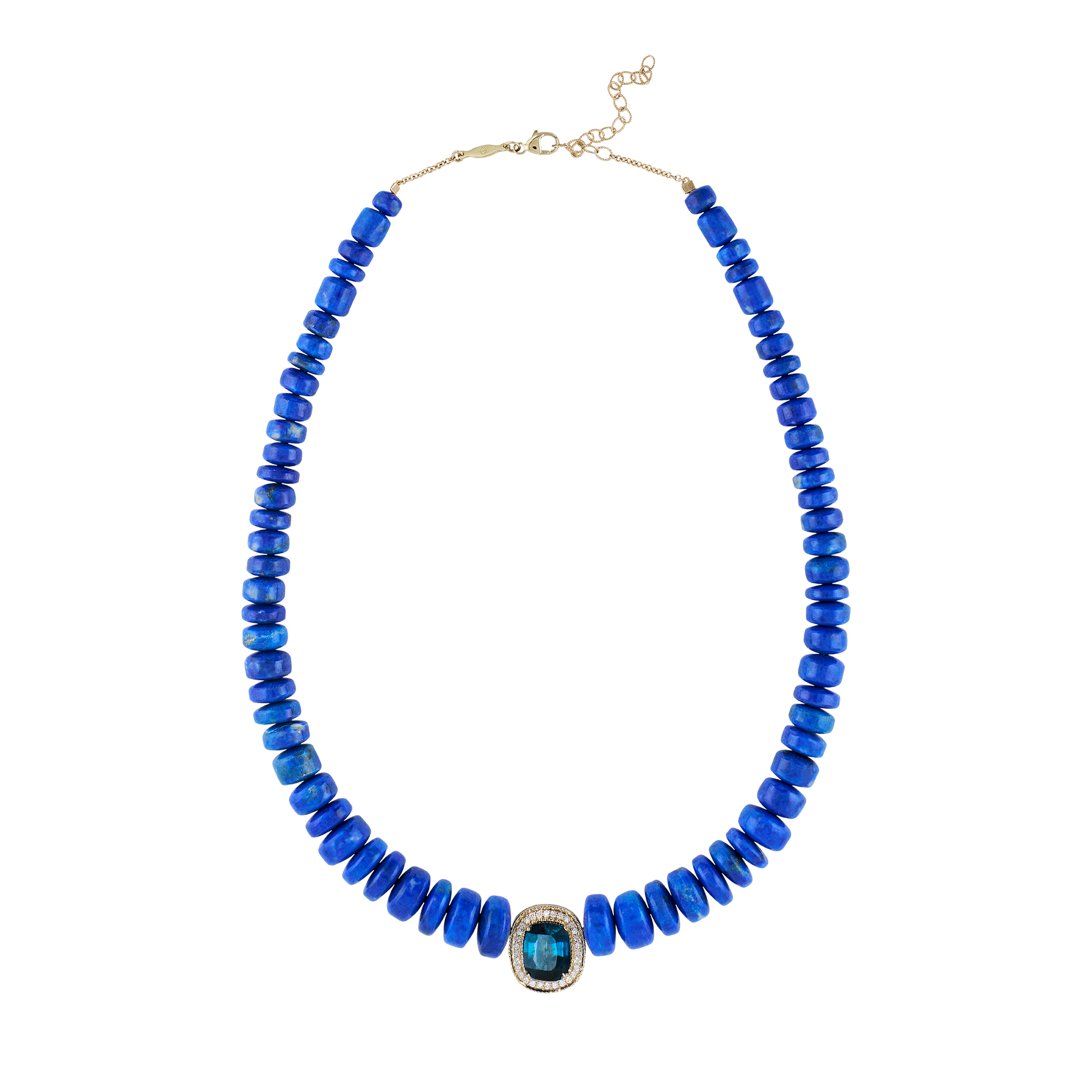 Pavé Teal Tourmaline Oval Graduated Lapis Beaded Necklace