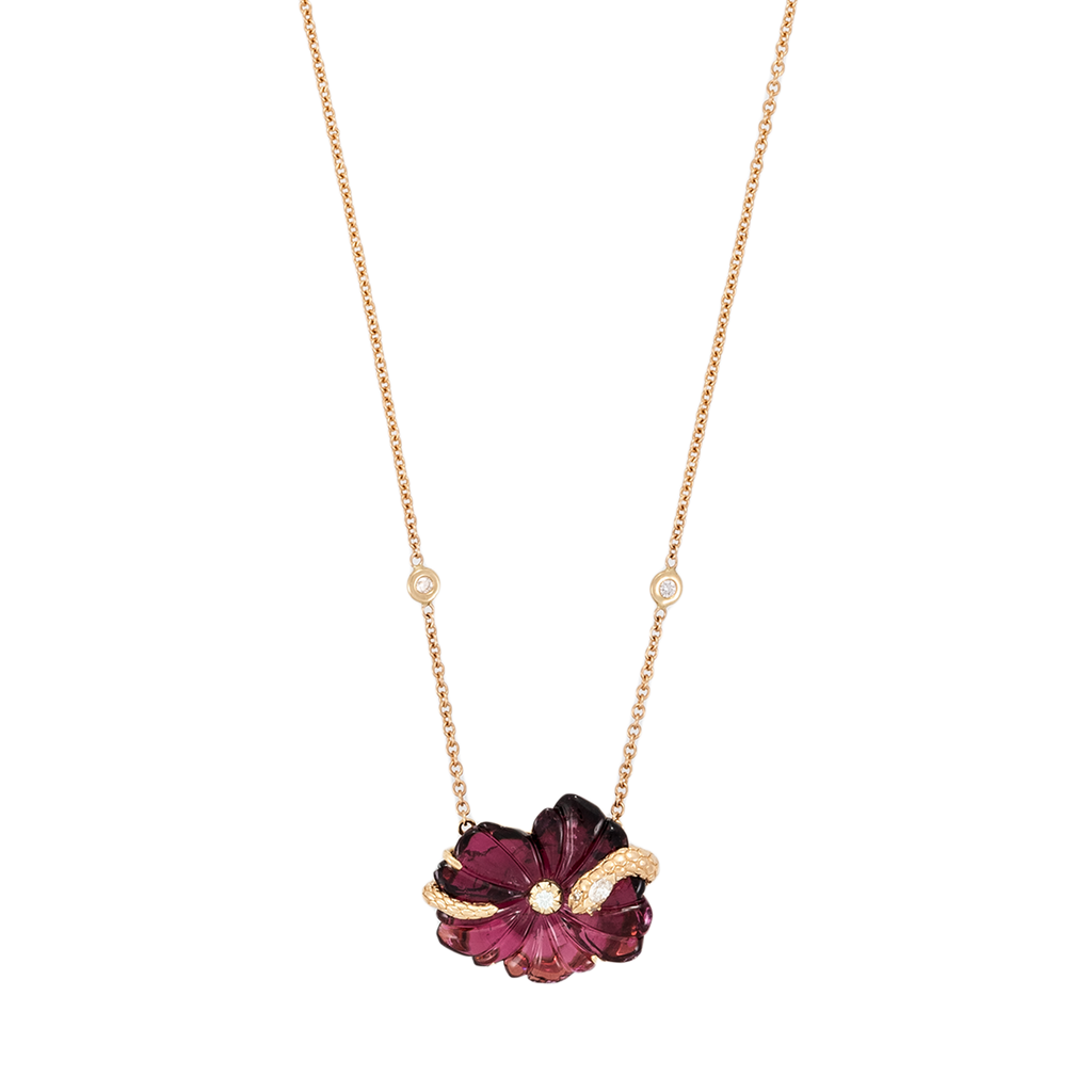 Pink Tourmaline Flower Necklace with Marquise Diamond Coiled Snake