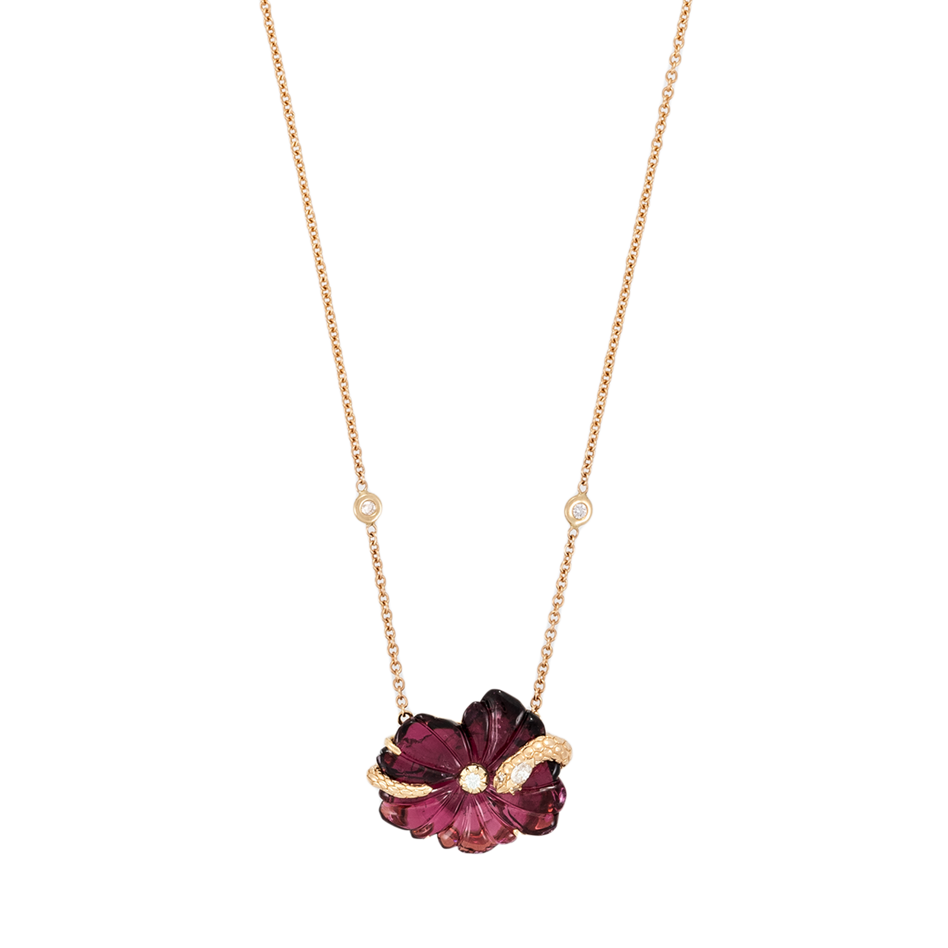 Pink Tourmaline Flower Necklace with Marquise Diamond Coiled Snake