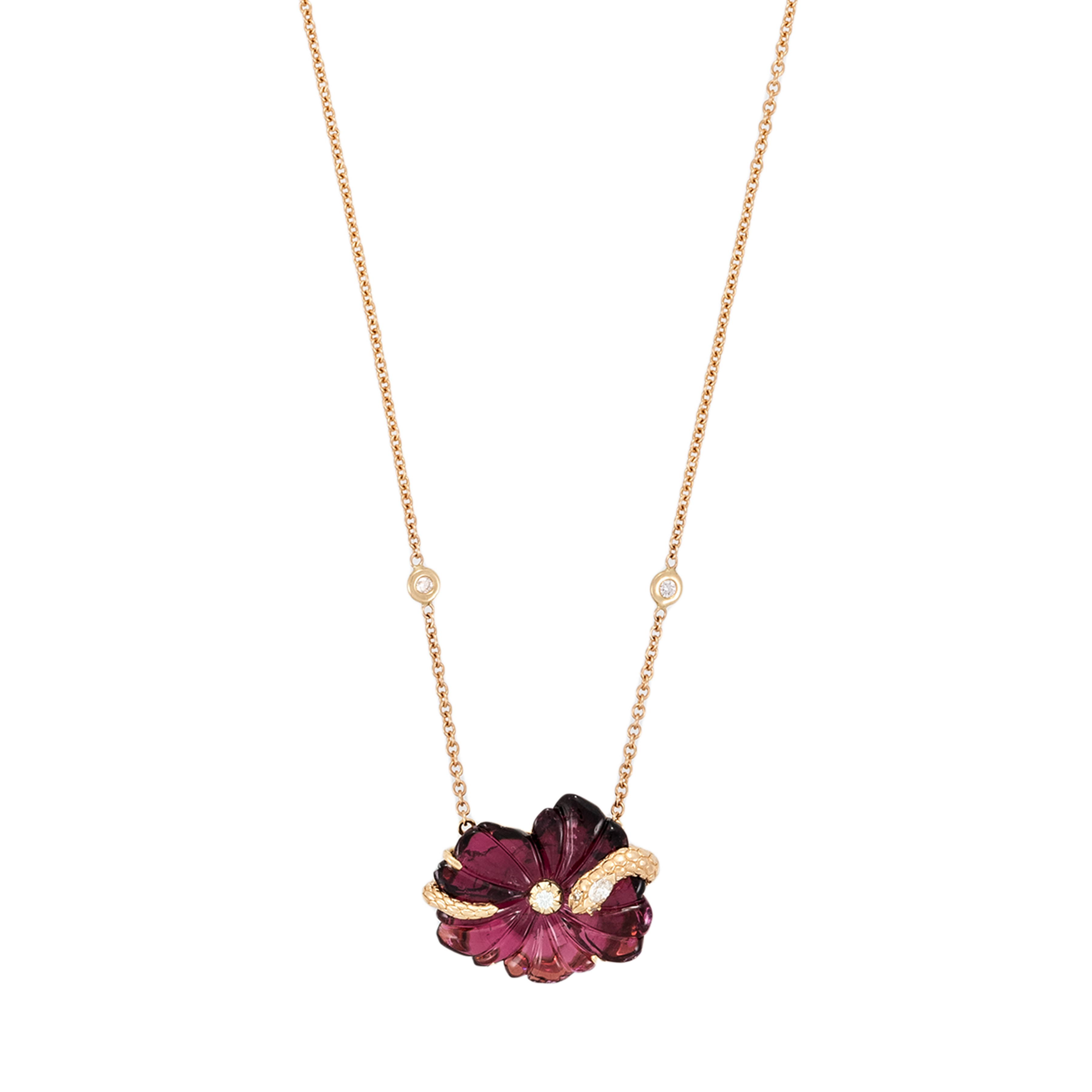 Pink Tourmaline Flower Necklace with Marquise Diamond Coiled Snake