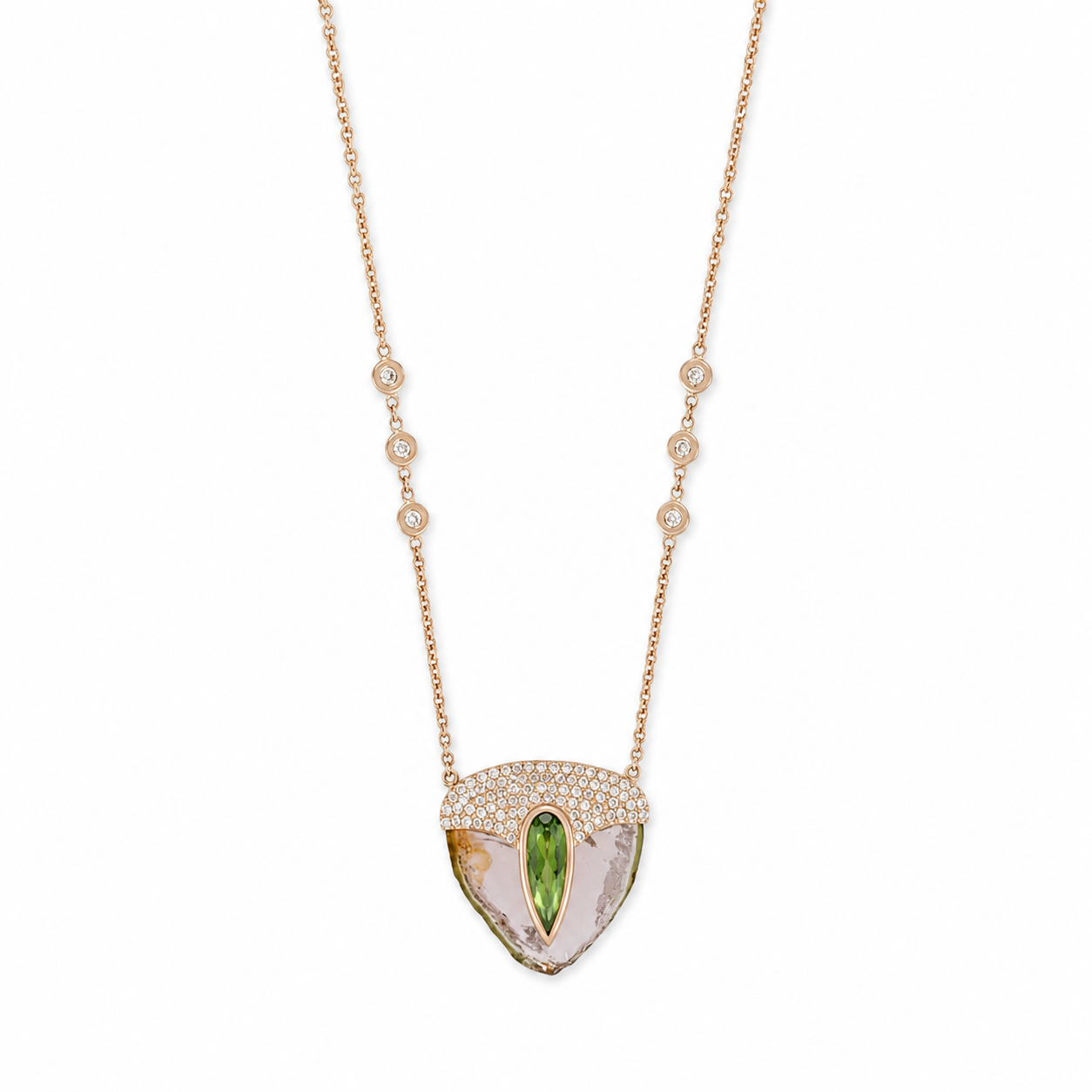 Watermelon Tourmaline Slice Pick Necklace with Teardrop Green Tourmaline