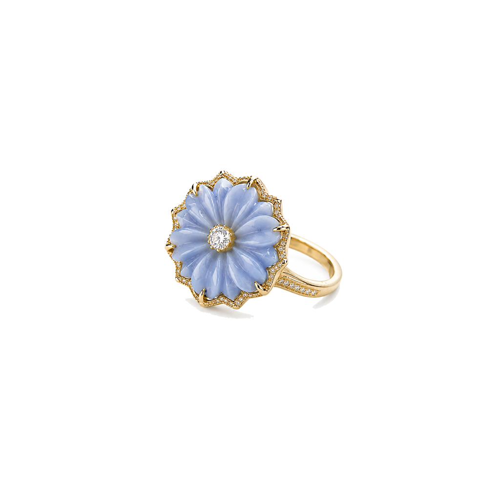 Blue Opal Flower Pavé Diamond Ring