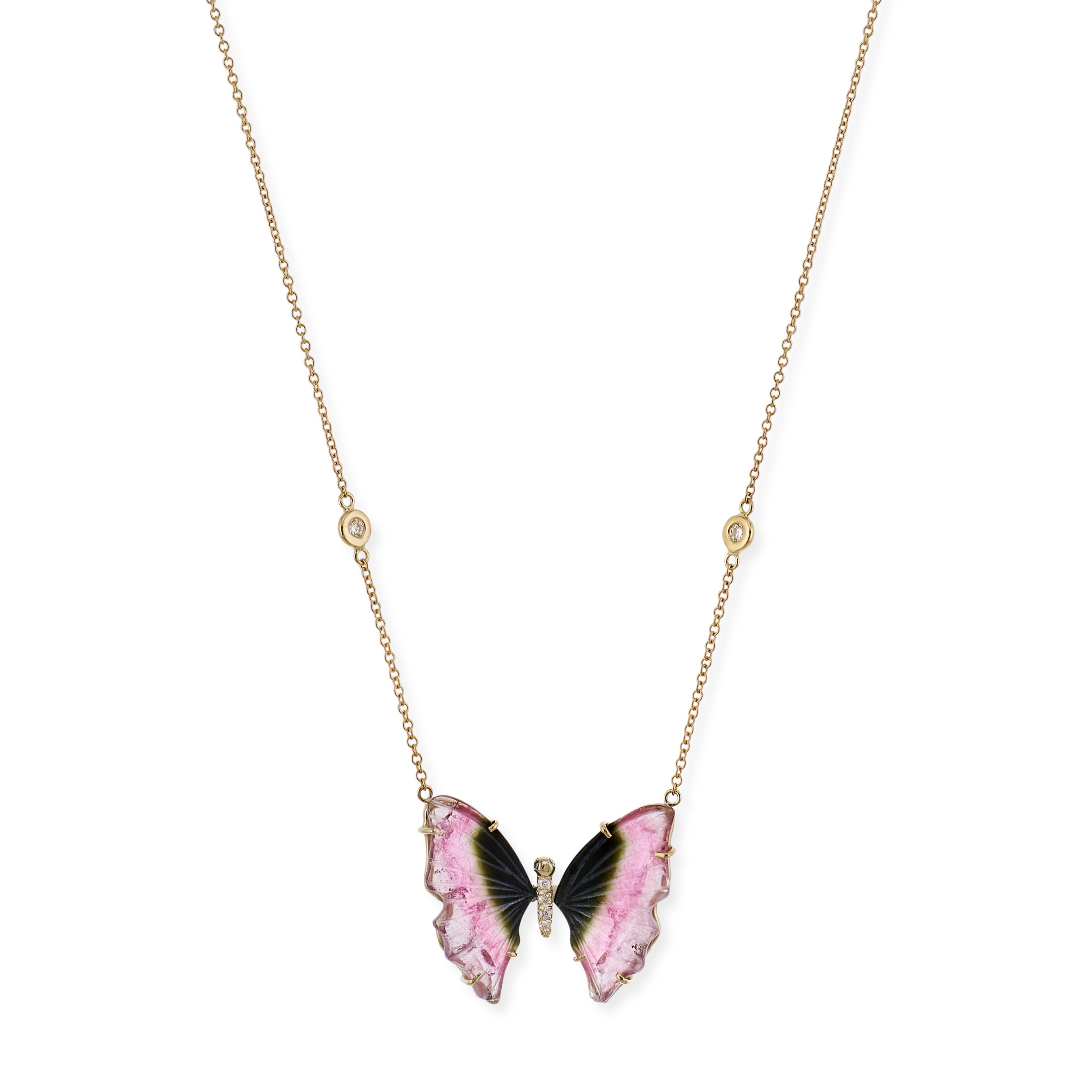 Dark Pink Watermelon Tourmaline Pave Center Butterfly Necklace