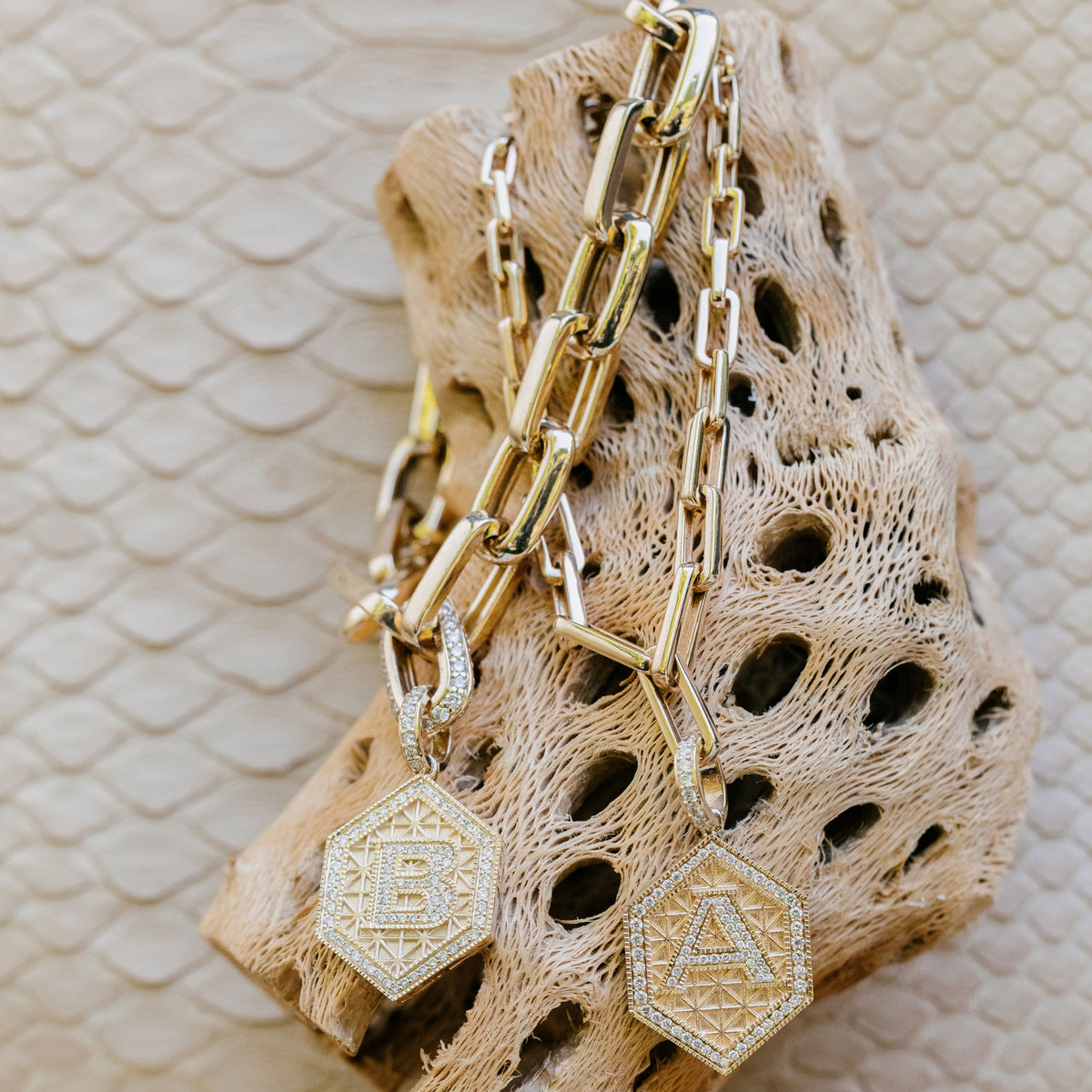 Pave Initial Geometric Hexagon Charm