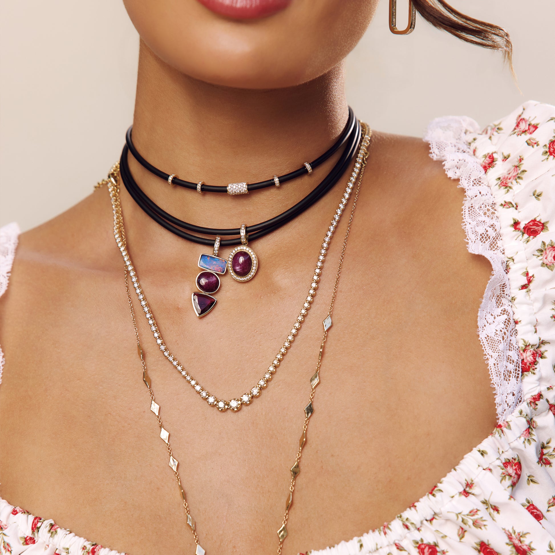 Opal, Star Ruby, Pink Tourmaline Triple Step Charm On Black Cord Choker