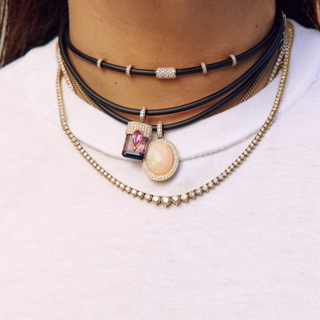 Pave Diamond Opal Oval Charm On Black Cord Choker
