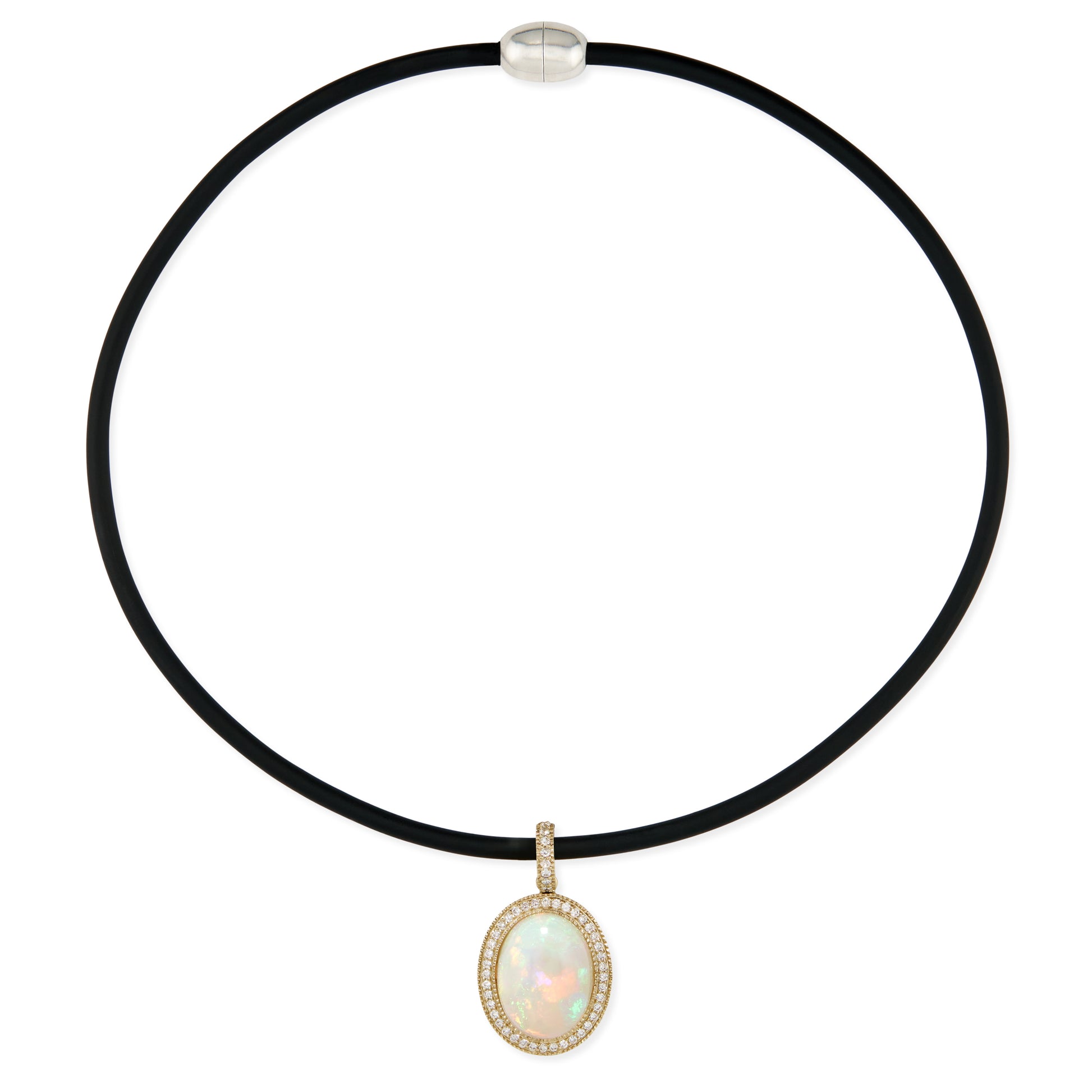 Pave Diamond Opal Oval Charm On Black Cord Choker