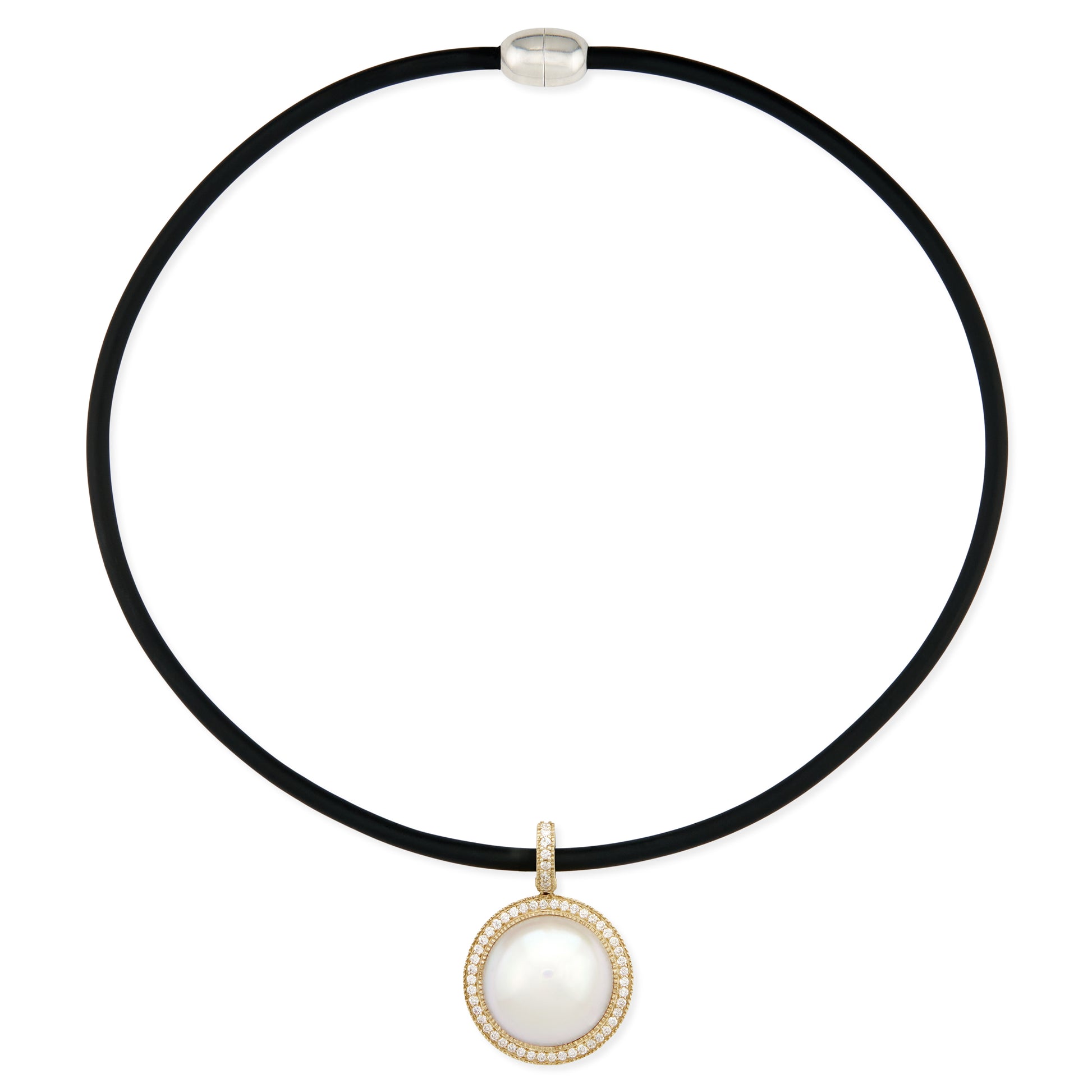 Pave Diamond Pearl Round Charm On Black Cord Choker