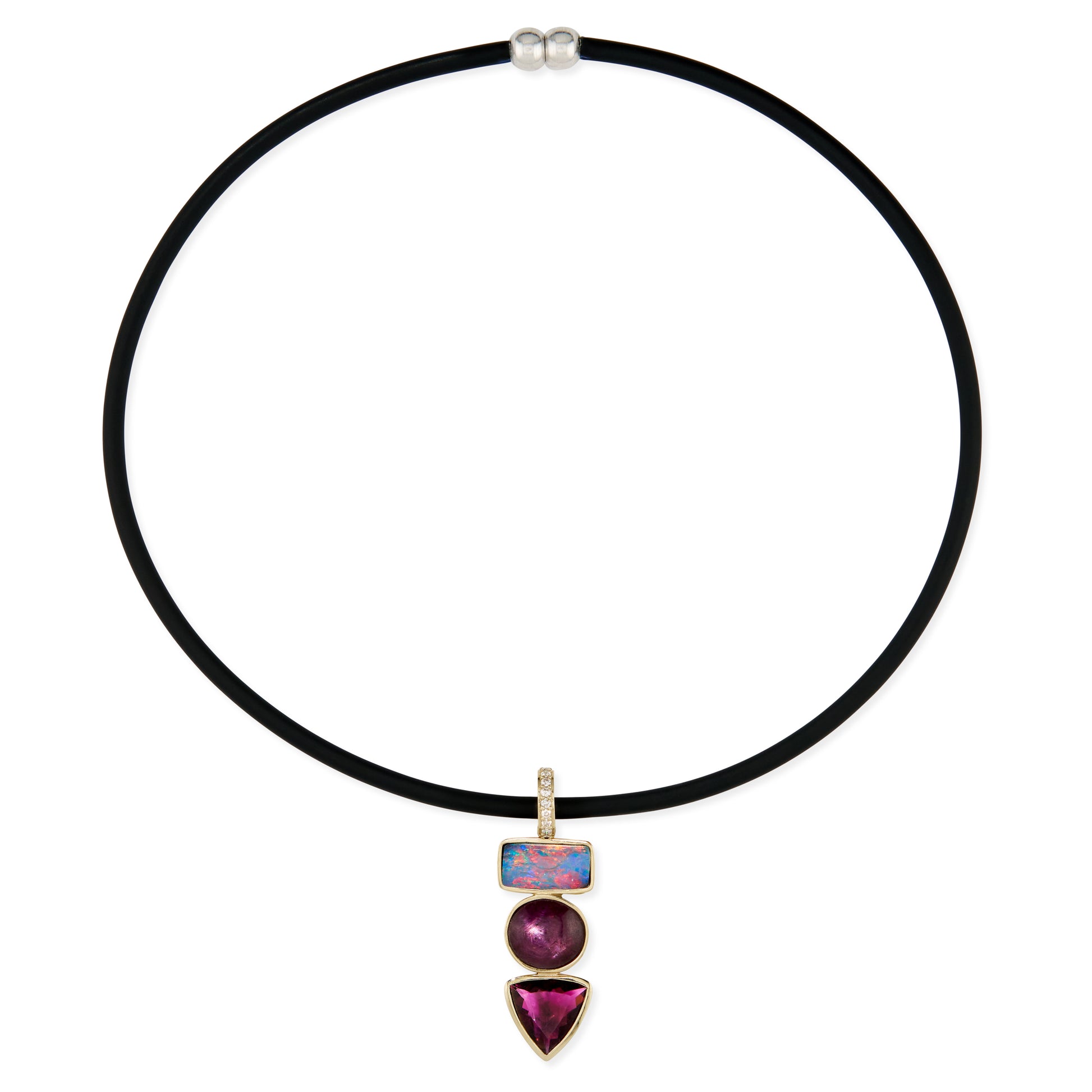 Opal, Star Ruby, Pink Tourmaline Triple Step Charm On Black Cord Choker