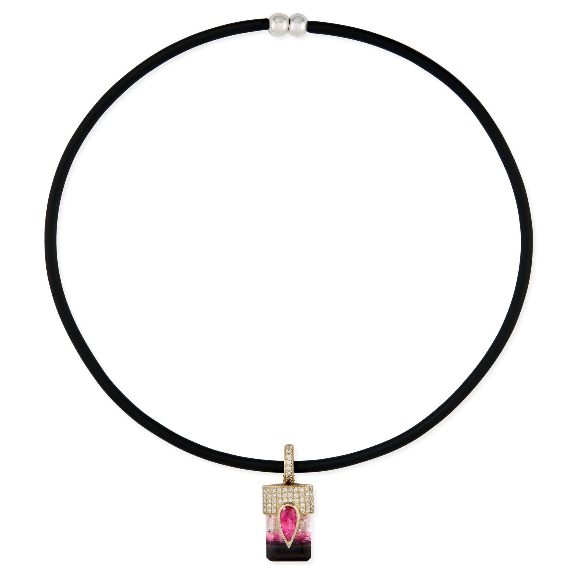 Pave Diamond Watermelon Tourmaline Crystal Charm On Black Cord Choker