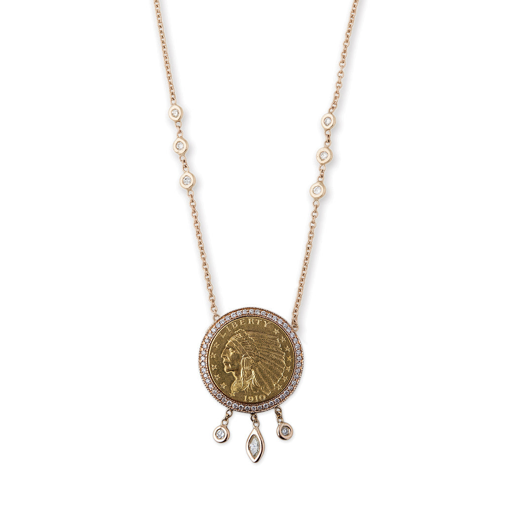 SMALL MARQUISE, ROUND DIAMOND SHAKER COIN NECKLACE