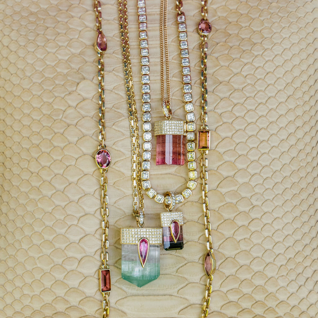 LARGE PAVE PINK TOURMALINE TEARDROP CAP + WATERMELON TOURMALINE CRYSTAL CHARM