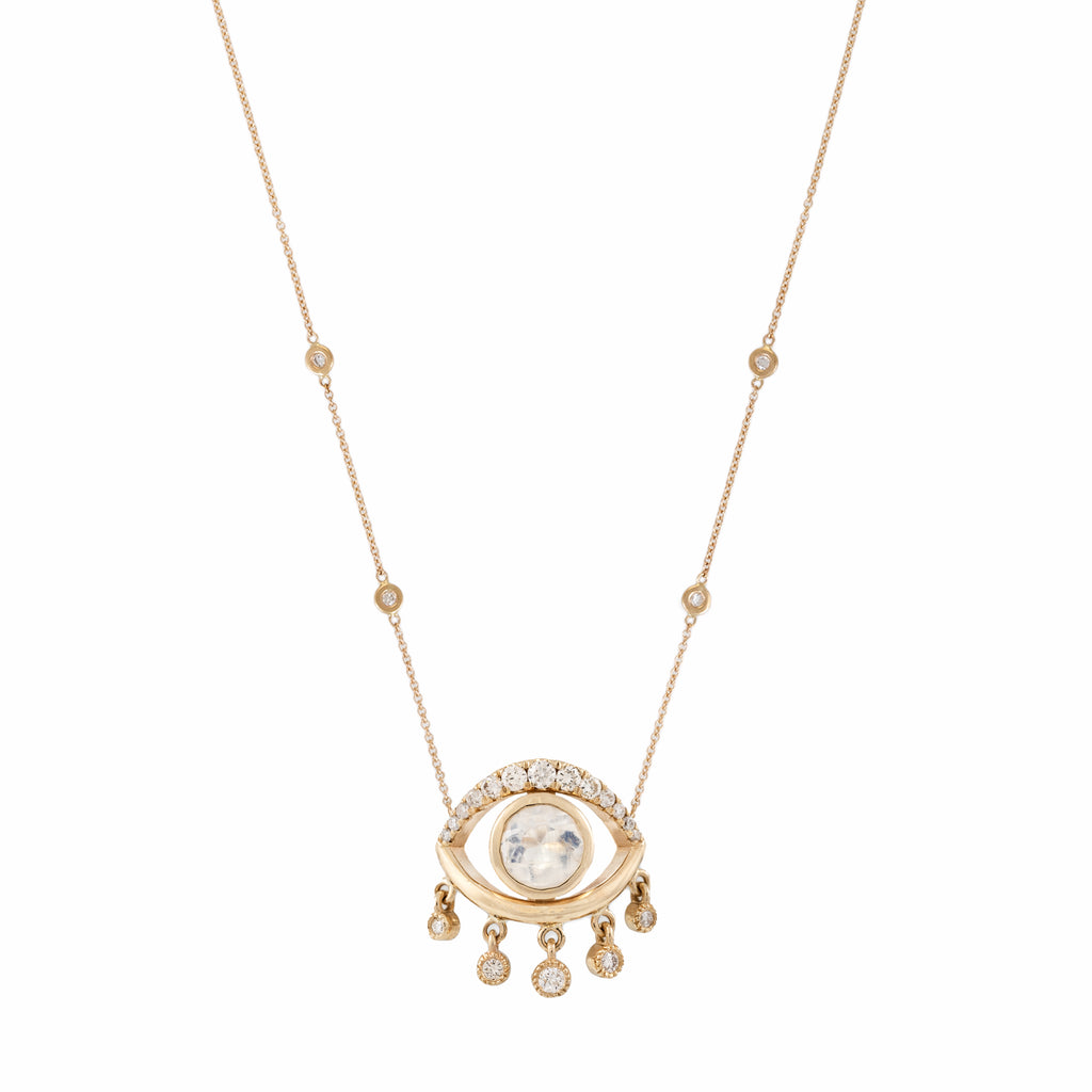 Pave Diamond Open Eye Moonstone Shaker Necklace