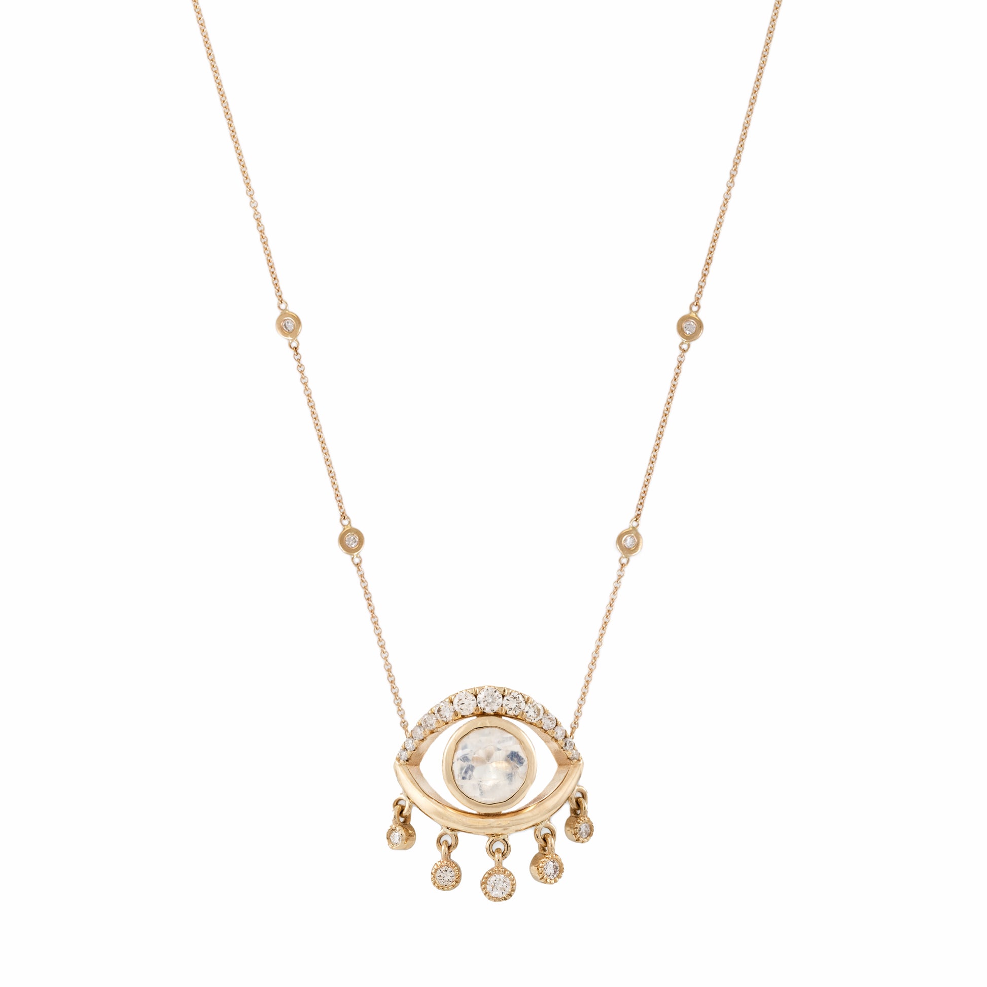 Pave Diamond Open Eye Moonstone Shaker Necklace
