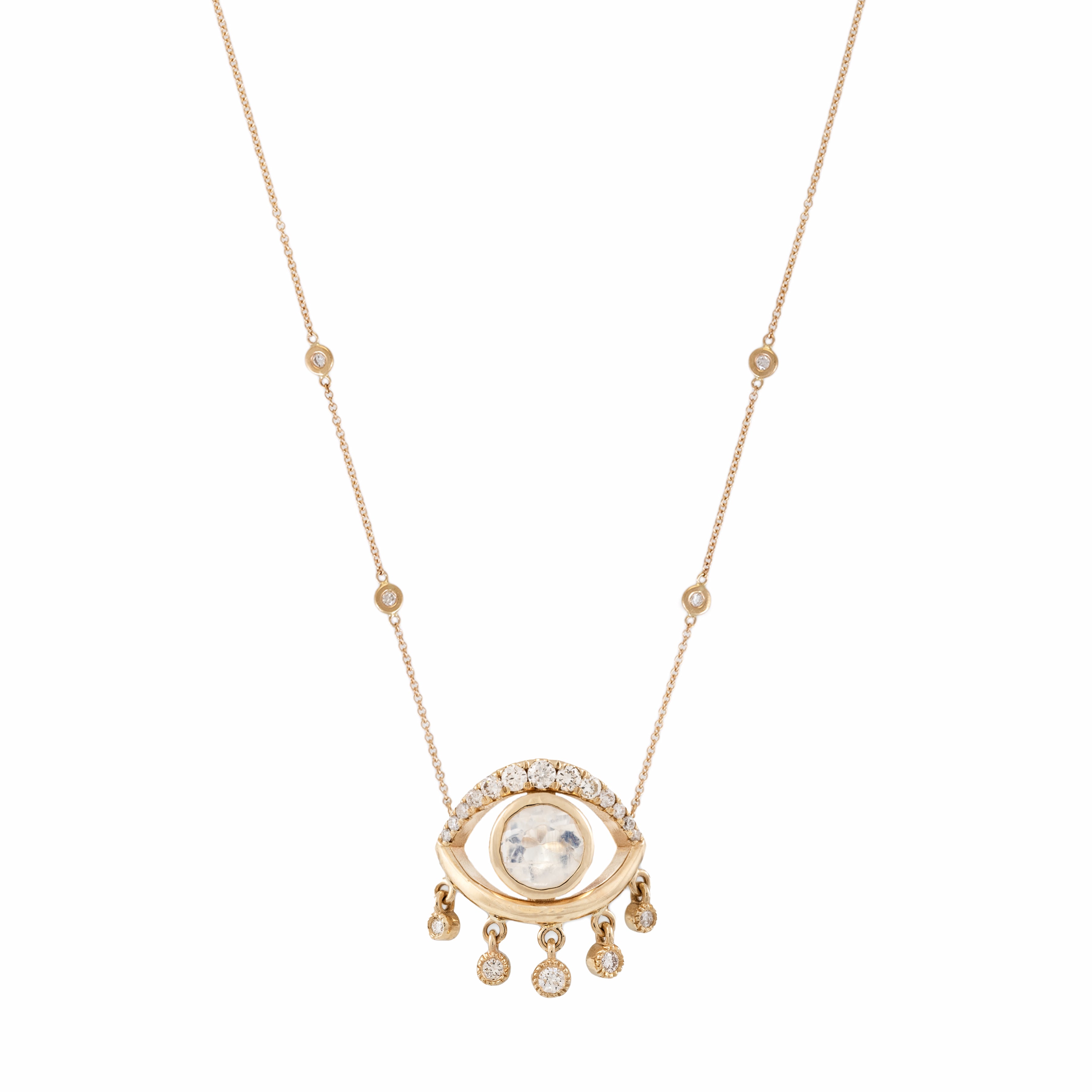 Pave Diamond Open Eye Moonstone Shaker Necklace