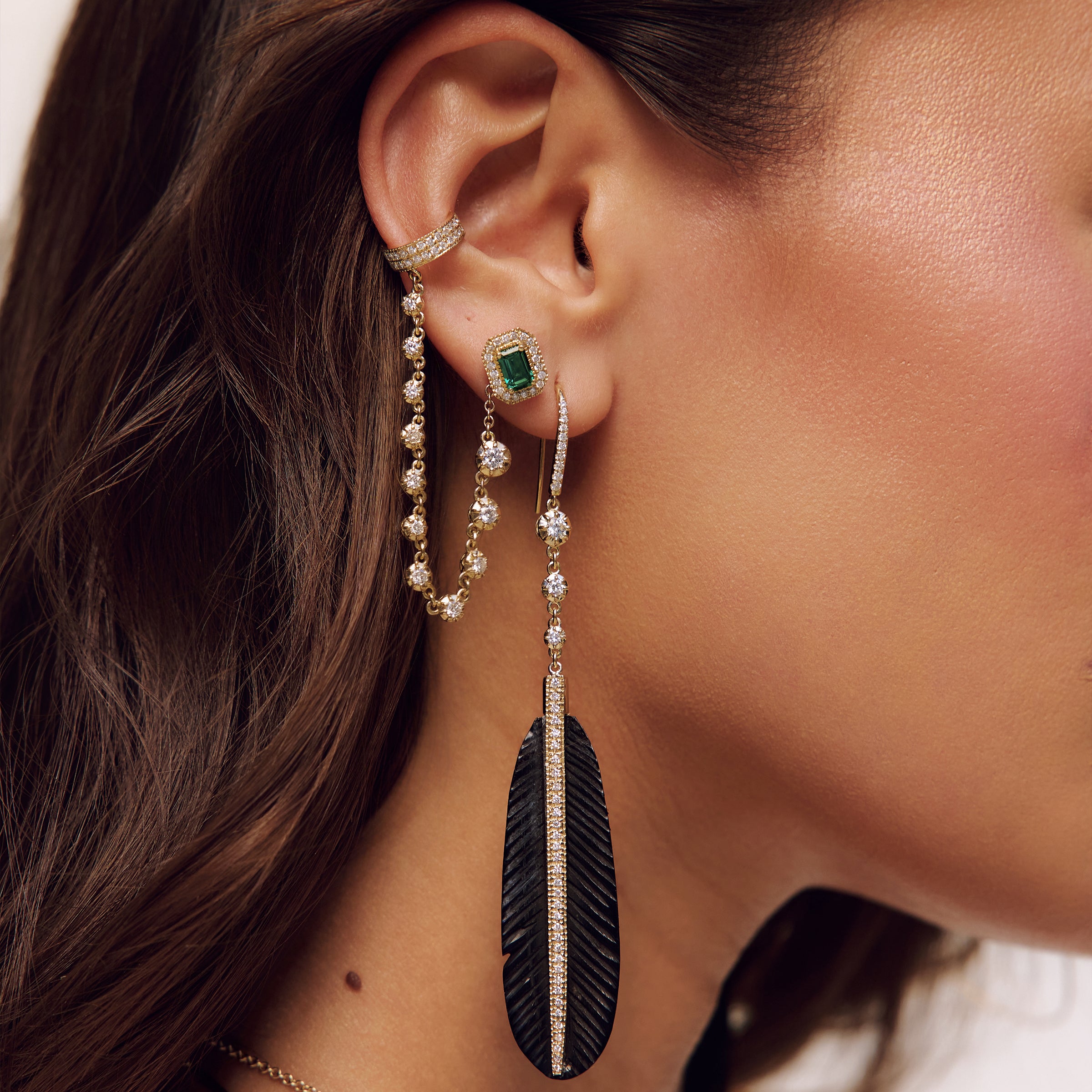 3 Sophia Diamond + Pave Black Horn Feather Earrings