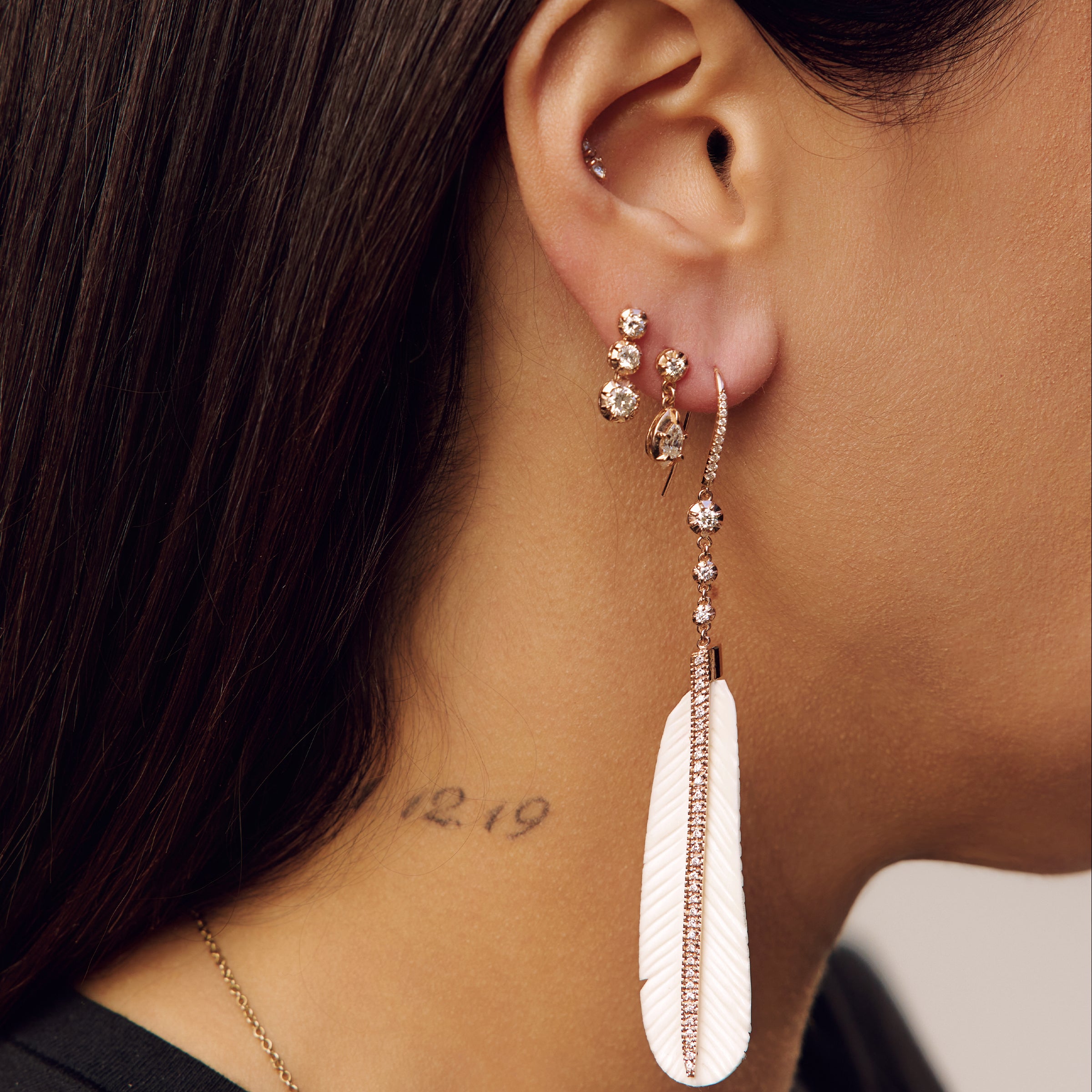 3 Sophia Diamond + Pave White Bone Feather Earrings
