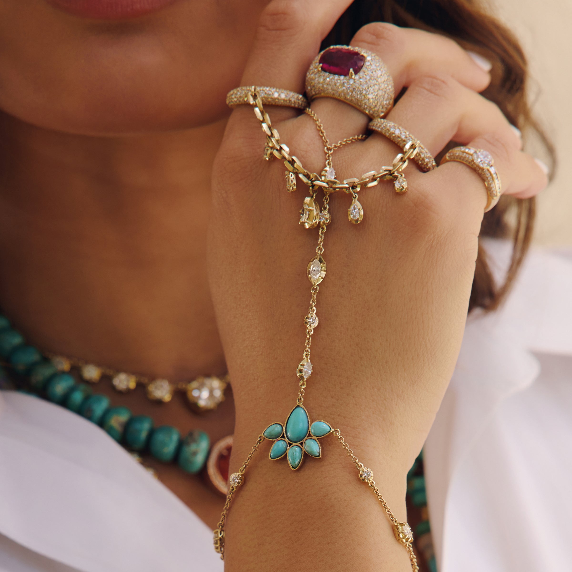 Turquoise Blossom + Sophia Diamond Finger Bracelet