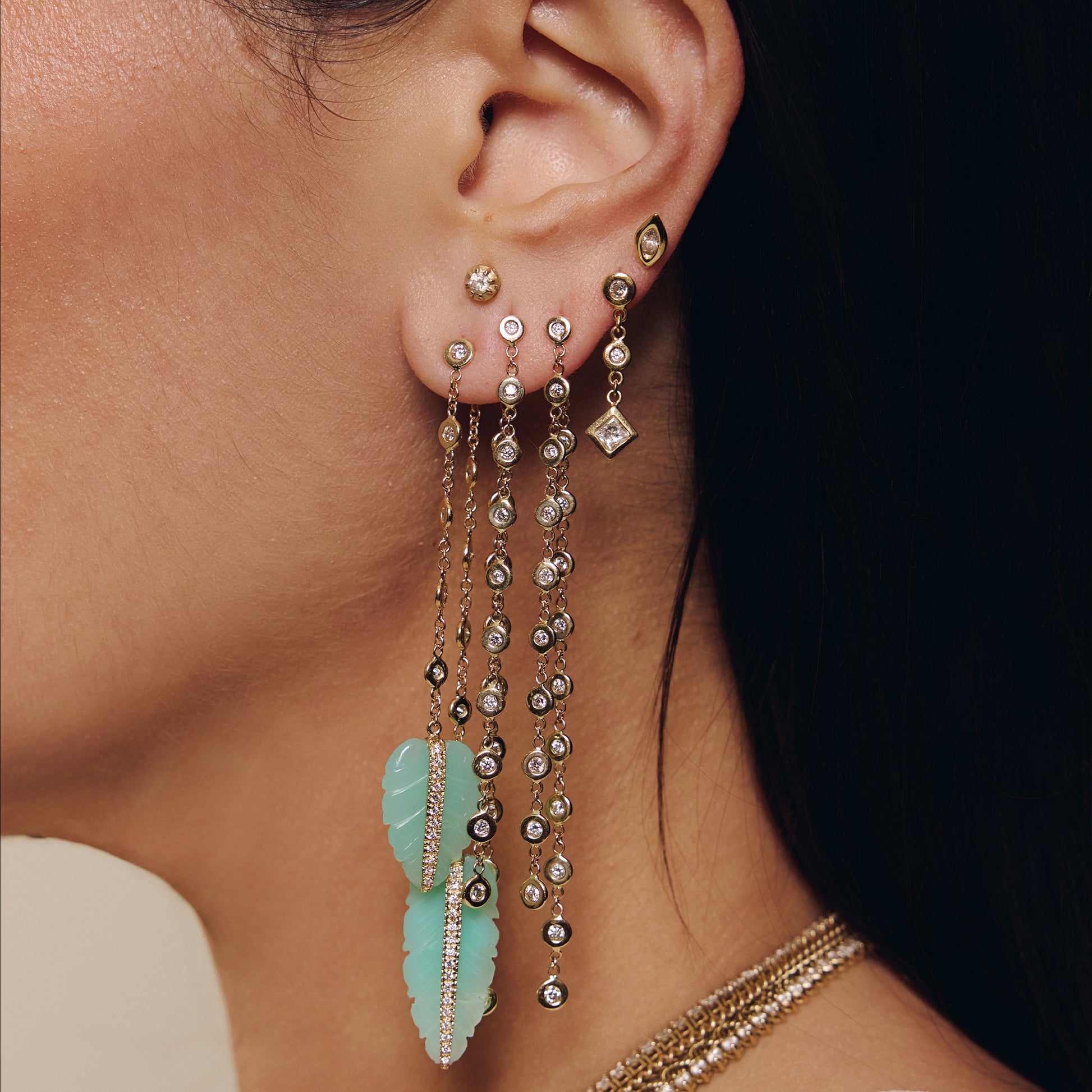 Pave Chrysoprase Leaf 5 Diamond Drop Stud Earring