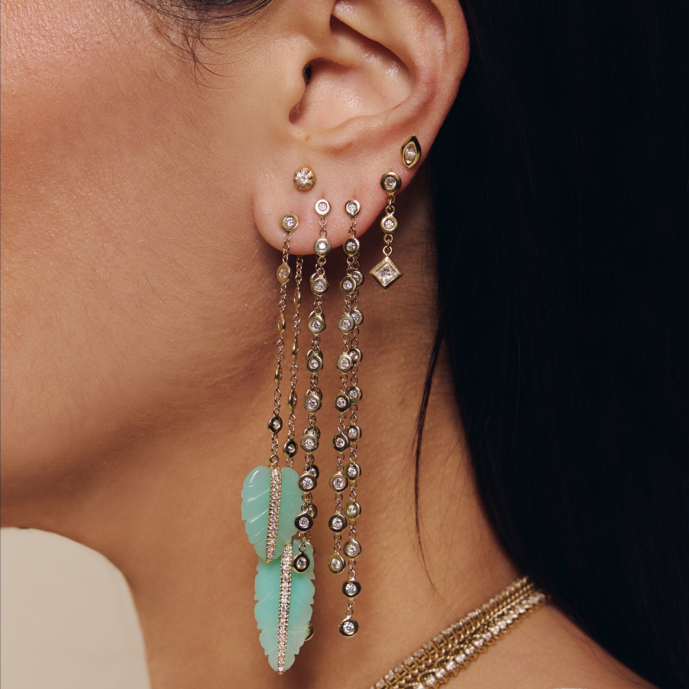 Pave Chrysoprase Leaf 5 Diamond Drop Earring Back