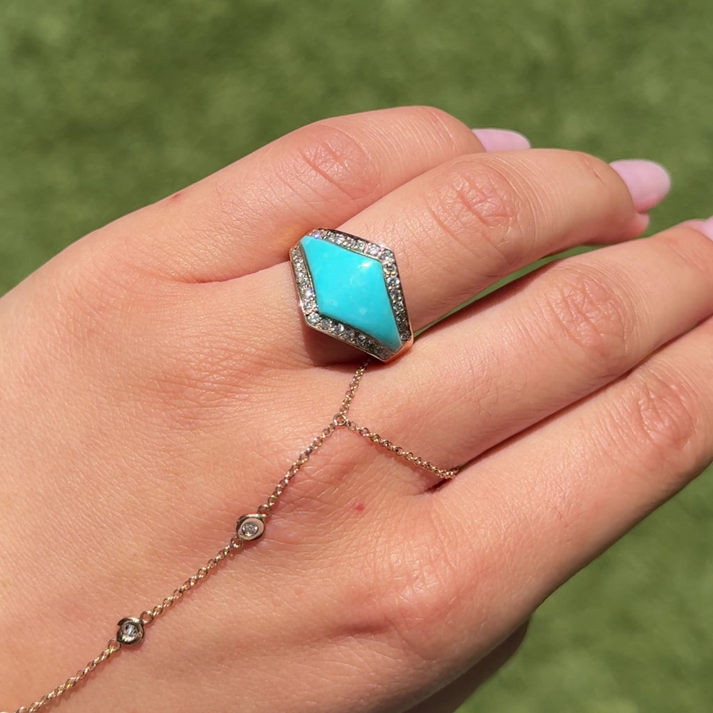 Pave Diamond Turquoise Inlay V Ring