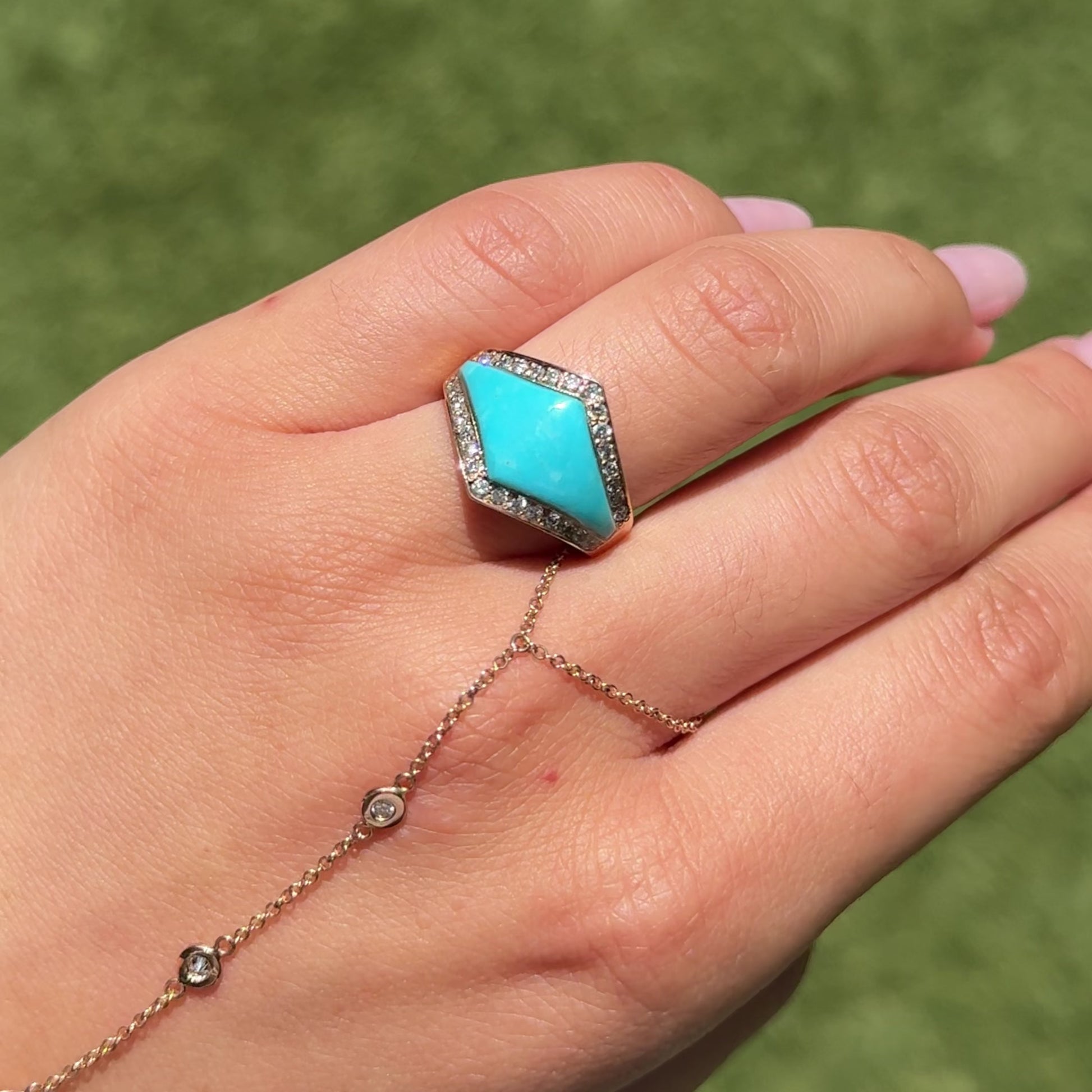 Pave Diamond Turquoise Inlay V Ring