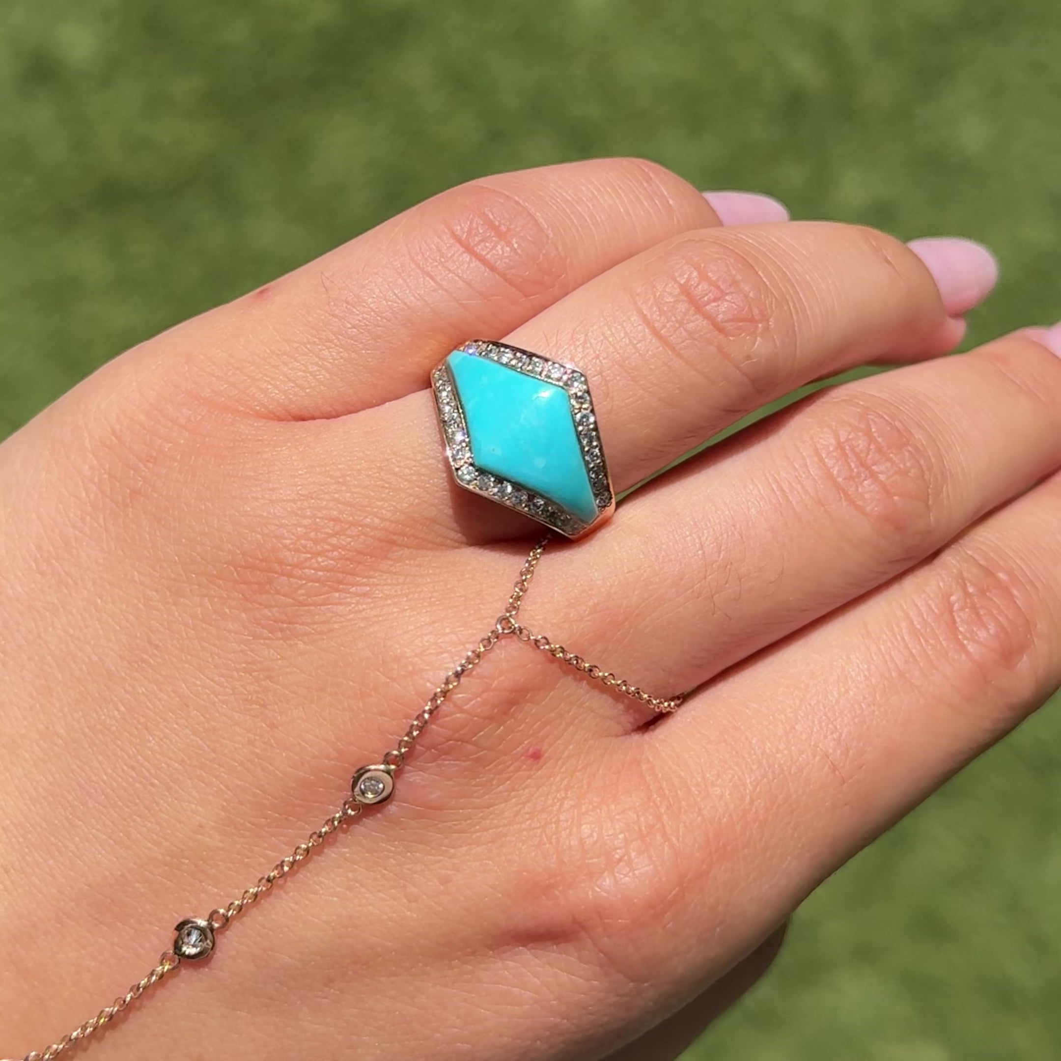 Pave Diamond Turquoise Inlay V Ring