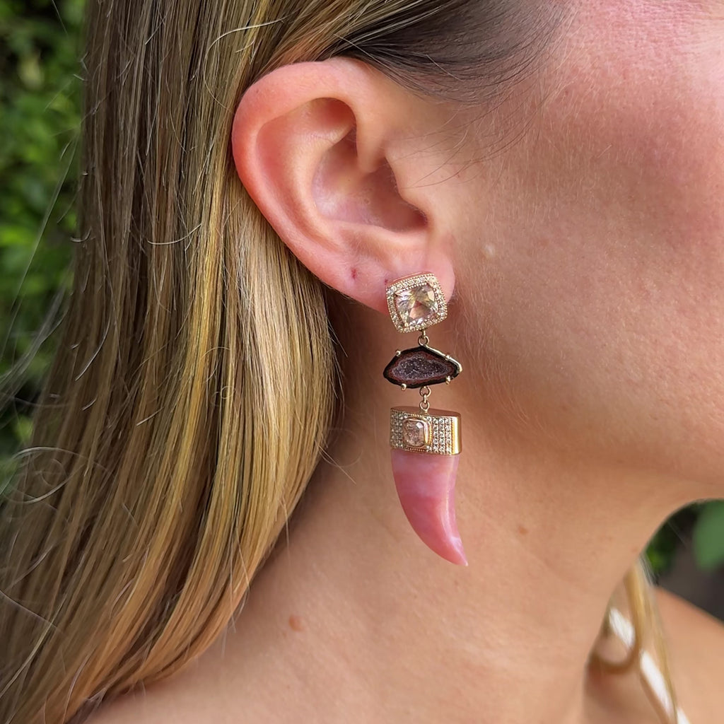 Pave Morganite + Peruvian Opal Tusk Earrings