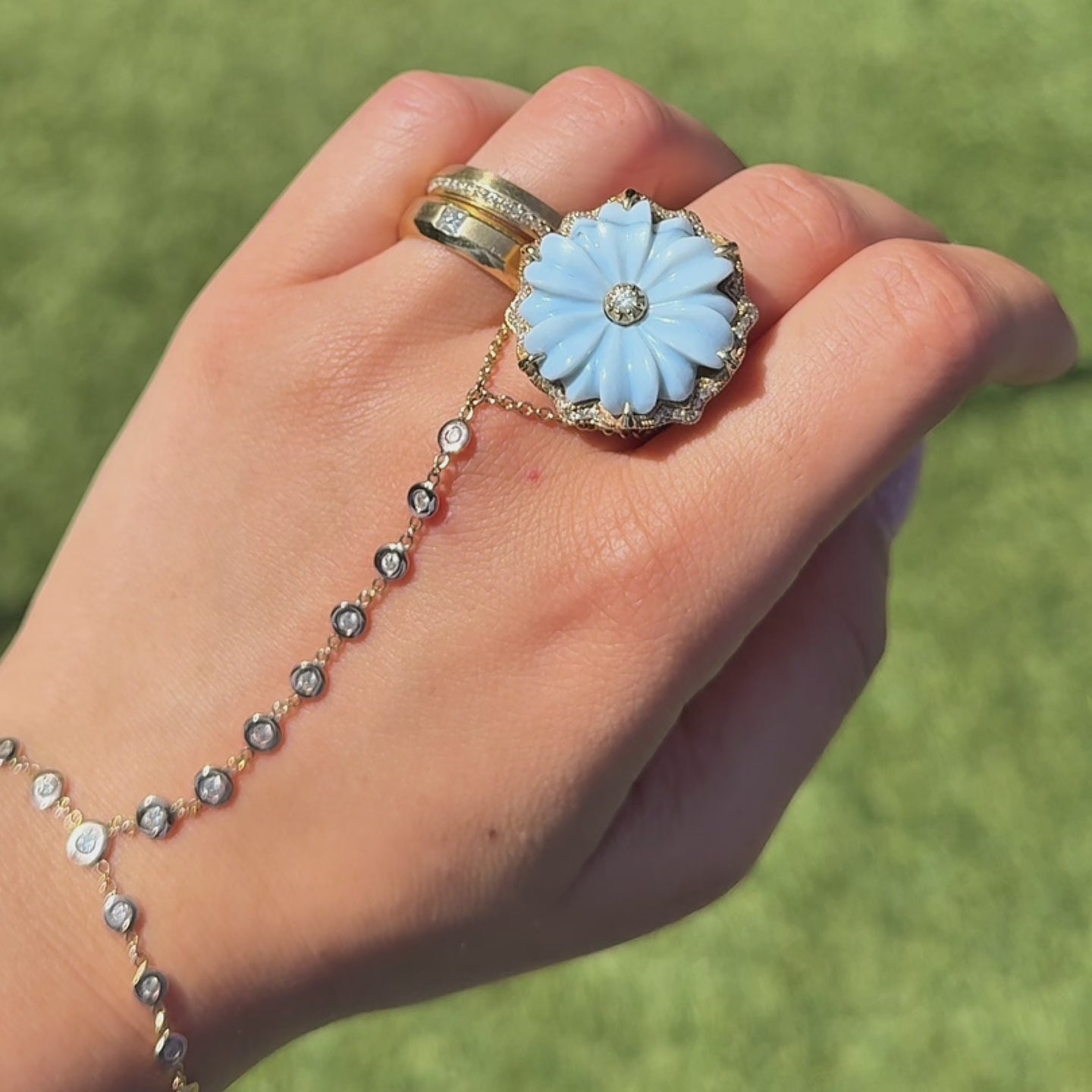 Blue Opal Flower Pavé Diamond Ring